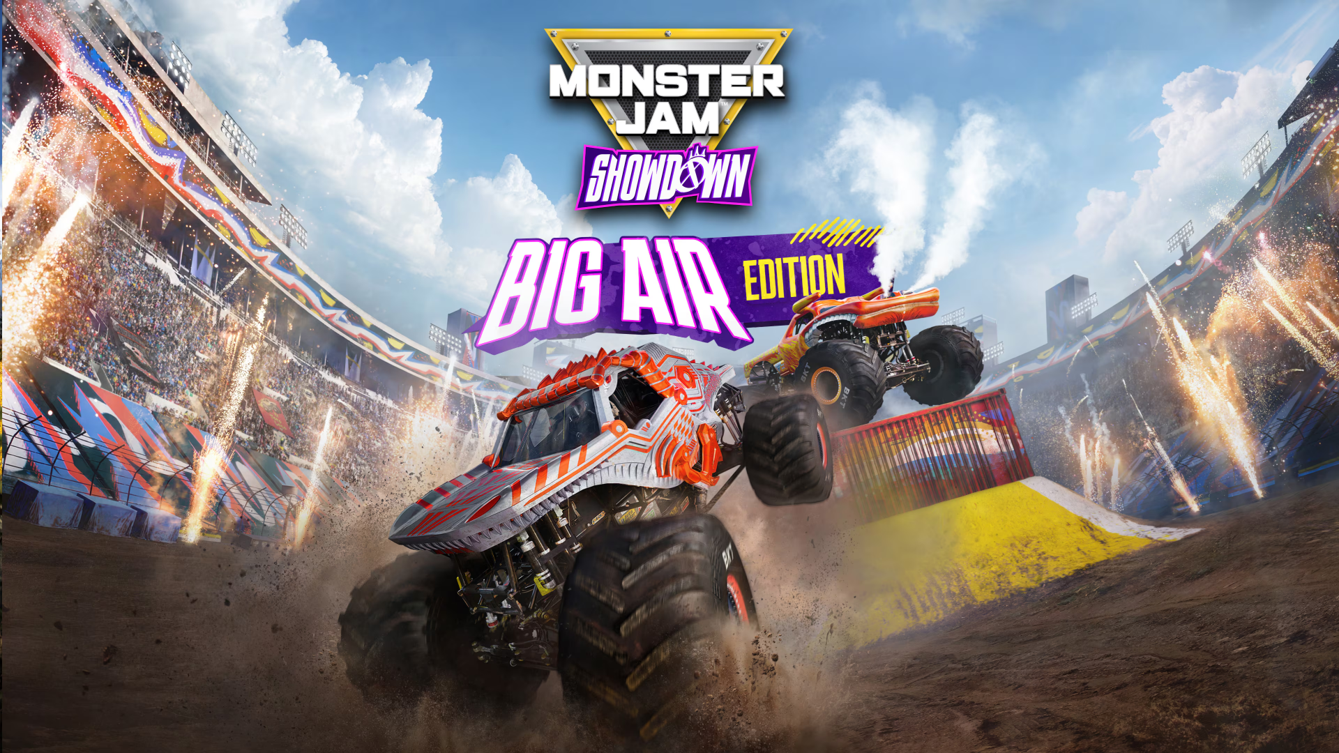 High-definition wallpaper featuring intense action from Monster Jam Showdown: Big Air Edition, showcasing powerful monster trucks performing daring jumps in a vibrant stadium setting.