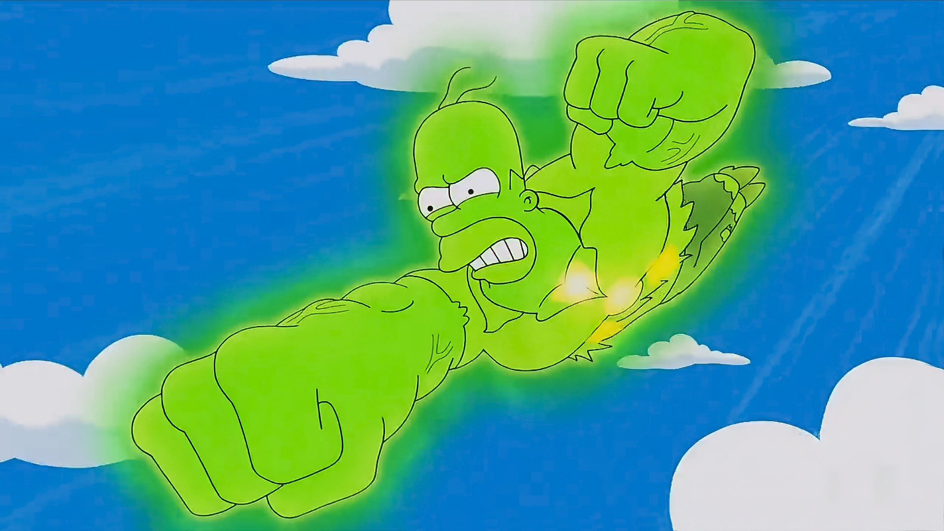 Wallpaper featuring Homer Simpson from The Simpsons, portrayed in a toxic green hue, showcasing him with a fierce expression and ready to unleash his strength against the sky.