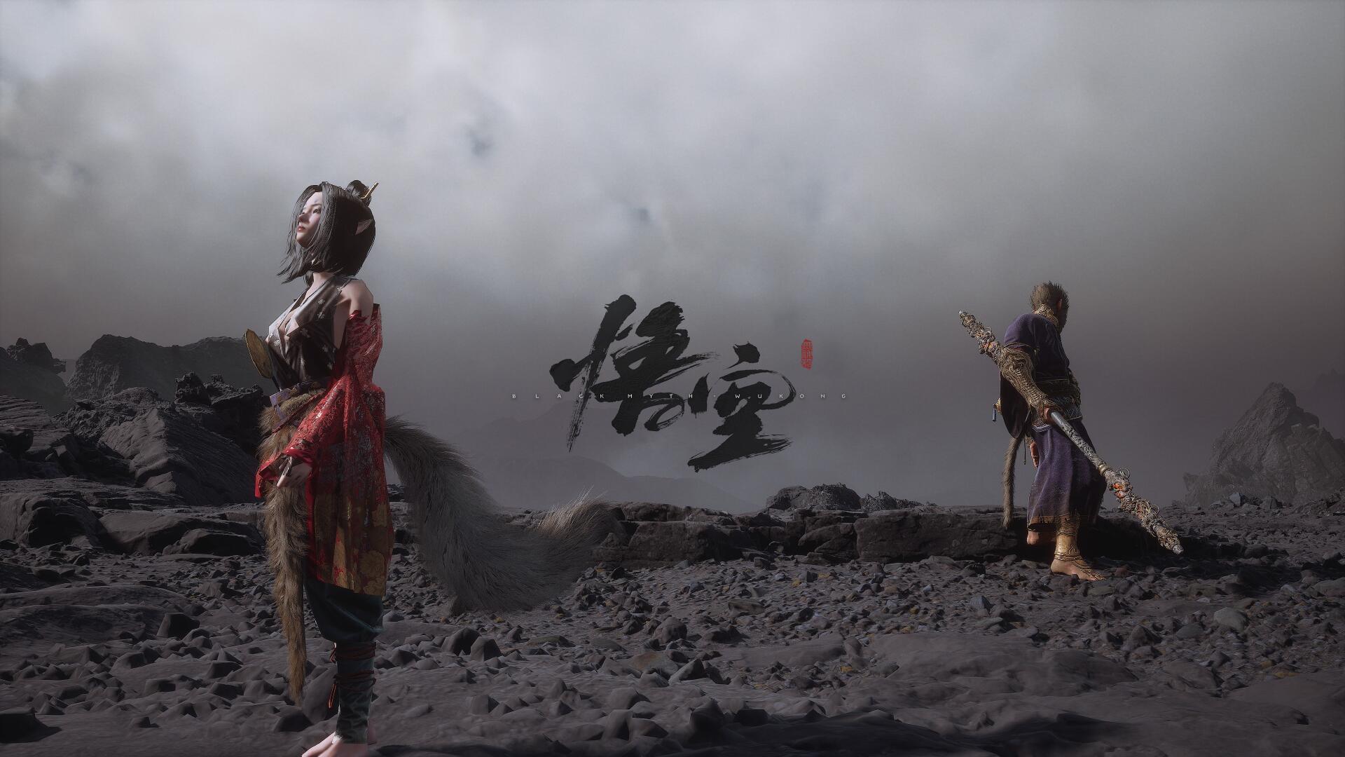 4K Ultra HD Black Myth: Wukong PC desktop wallpaper featuring two characters standing on a rocky, barren landscape under a cloudy, ominous sky.