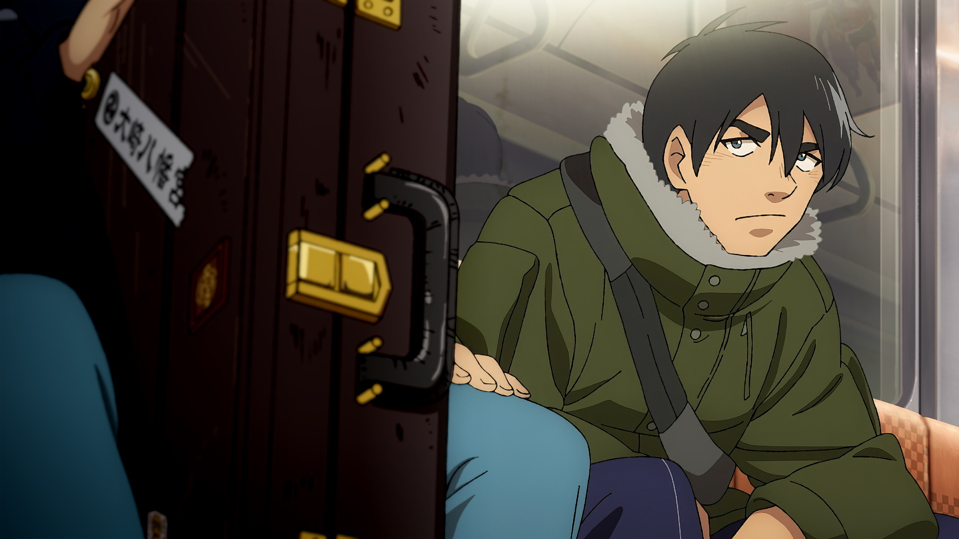 HD PC desktop wallpaper featuring an anime-style character from Blue Giant wearing a green jacket, sitting near a suitcase with a cloudy sky background.
