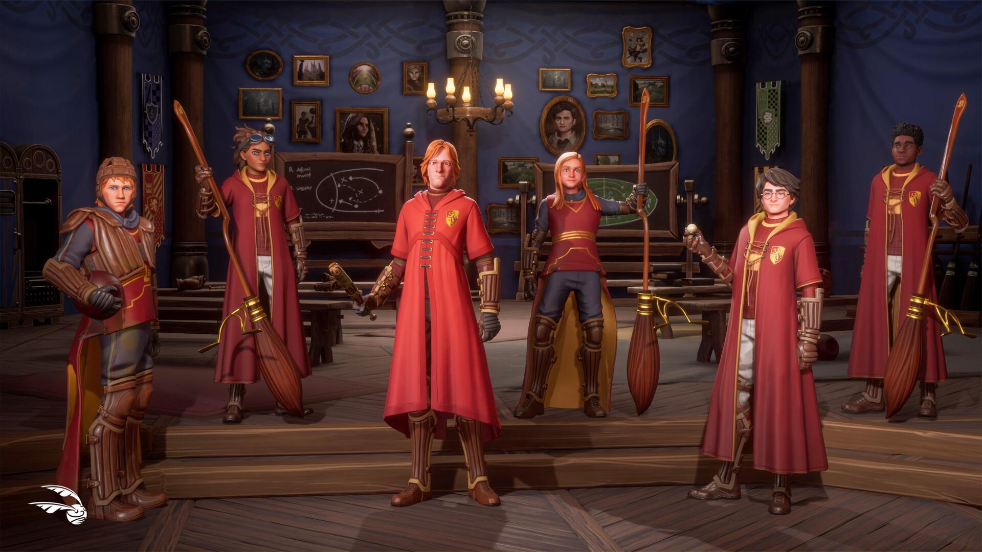 A dynamic HD wallpaper from *Harry Potter: Quidditch Champions*, featuring a team of characters in red robes, ready for action in an enchanting setting filled with magical memorabilia.