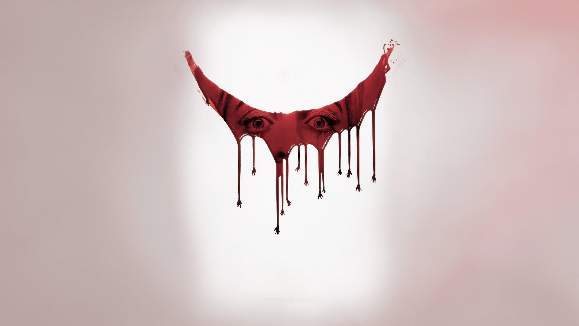 Smile 2 - ominous red crescent smile with dripping paint and hidden eyes, centered on a pale background. 4K Ultra HD PC Desktop Wallpaper and Background