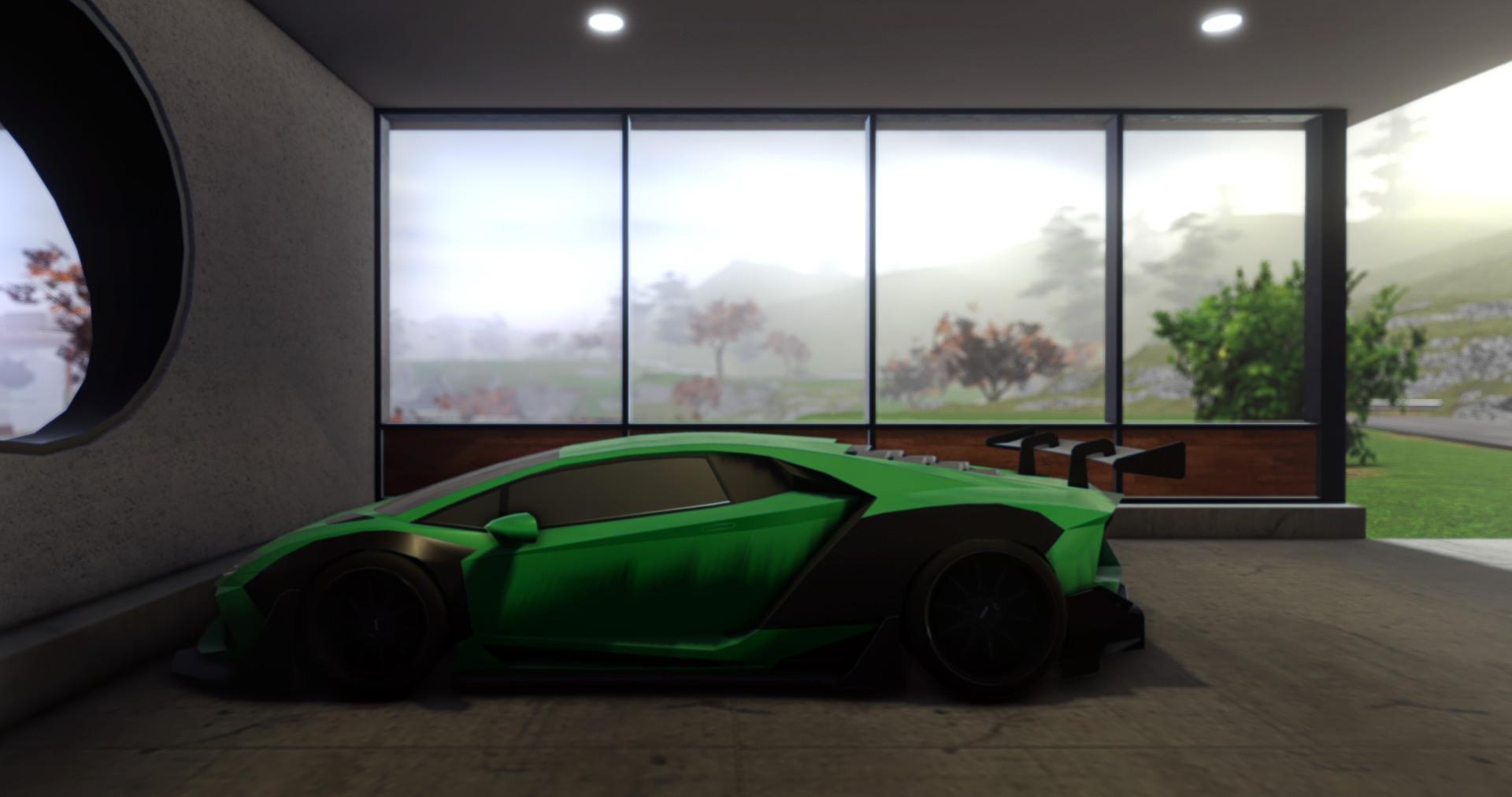A sleek green sports car is parked indoors, visible through large windows with a serene outdoor landscape, showcasing vibrant visuals from the video game Roblox. HD PC desktop wallpaper background.