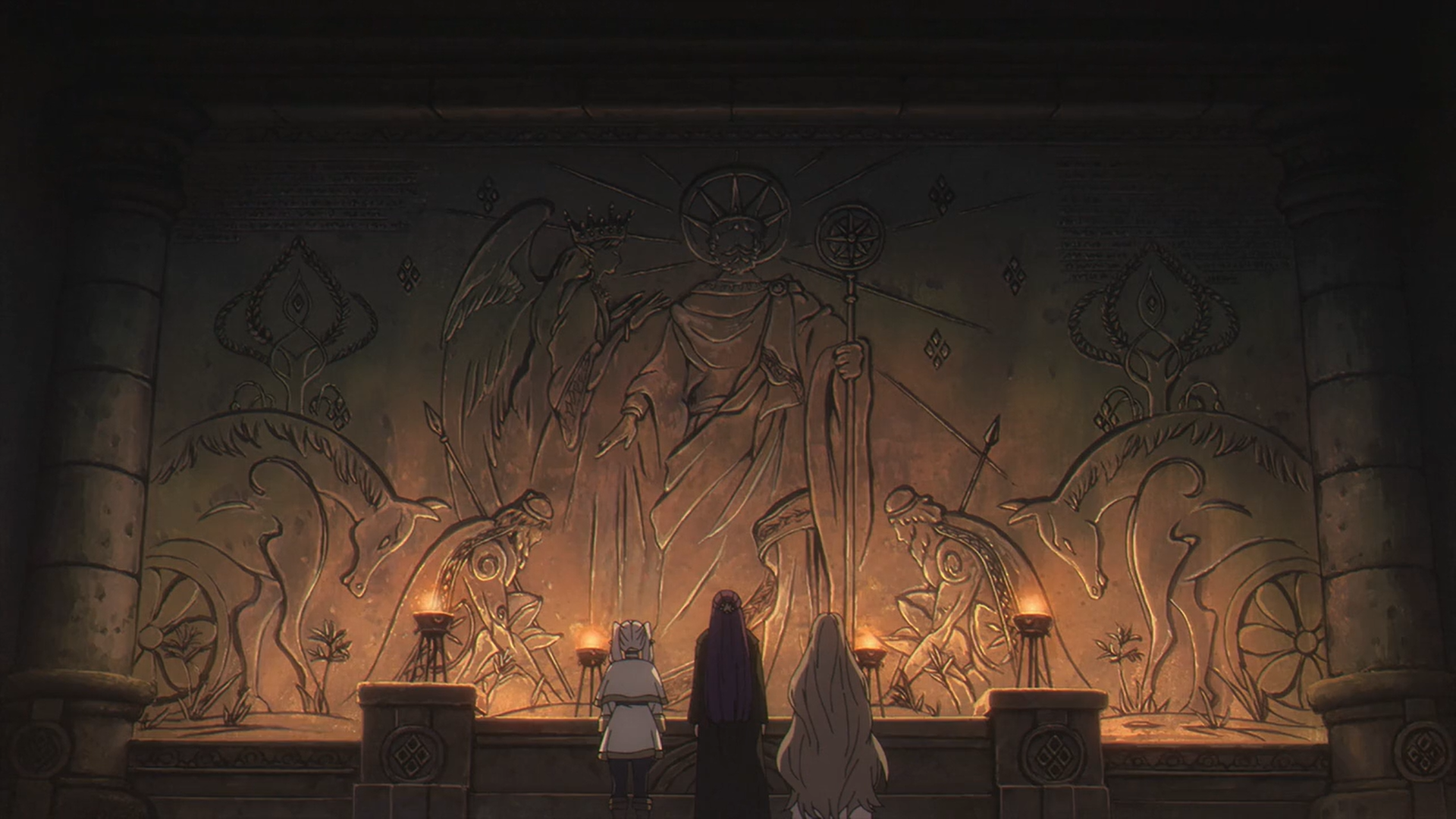 HD PC desktop wallpaper from Frieren: Beyond Journey's End featuring three characters standing in front of an ancient wall carving illuminated by warm candlelight.