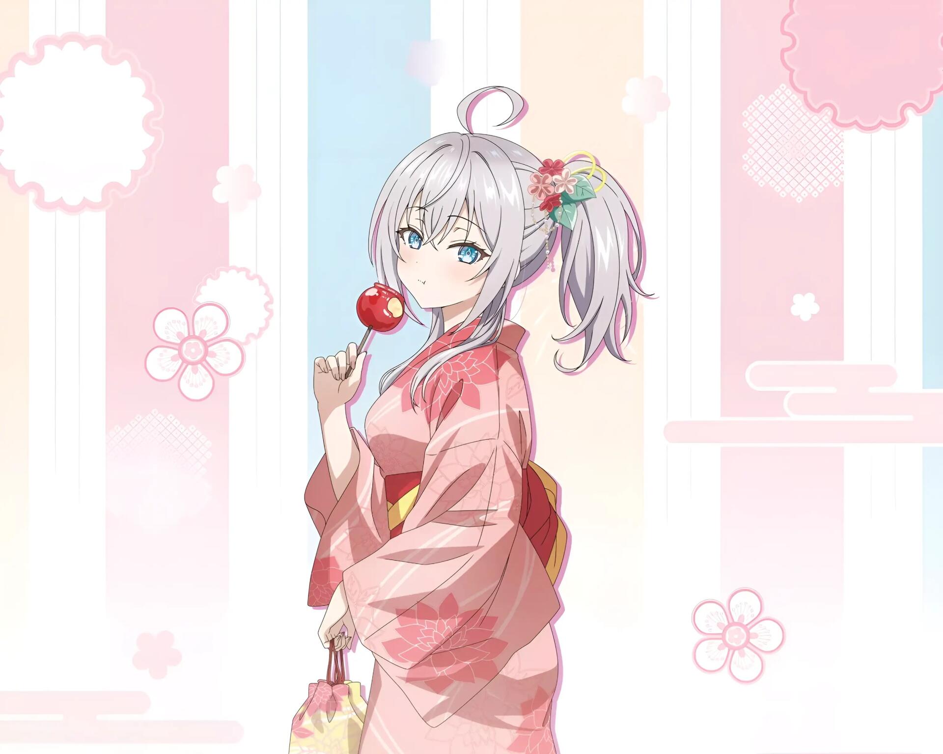 Anime HD desktop wallpaper featuring Alisa Mikhailovna Kujou from Alya Sometimes Hides Her Feelings in Russian, dressed in a pink kimono holding a candied apple.