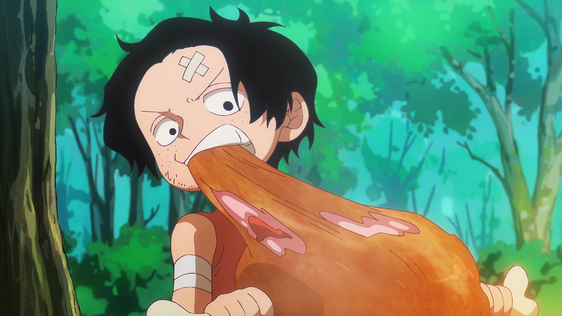 HD PC desktop wallpaper featuring Portgas D. Ace from the anime One Piece, biting into a large piece of meat in a lush forest setting.