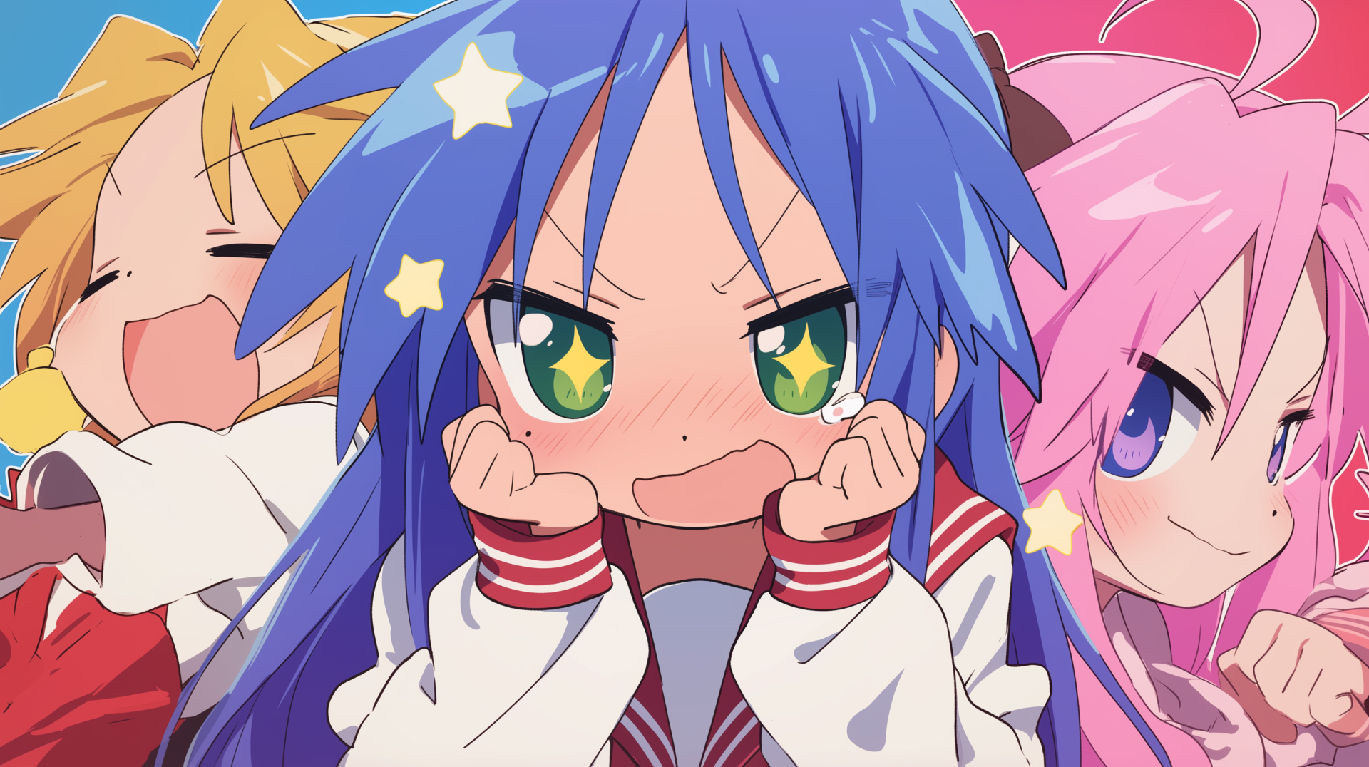 A vibrant HD anime wallpaper featuring characters from Lucky Star: Konata Izumi with sparkling eyes, alongside Miyuki Takara and Patricia Martin, showcasing their playful expressions.