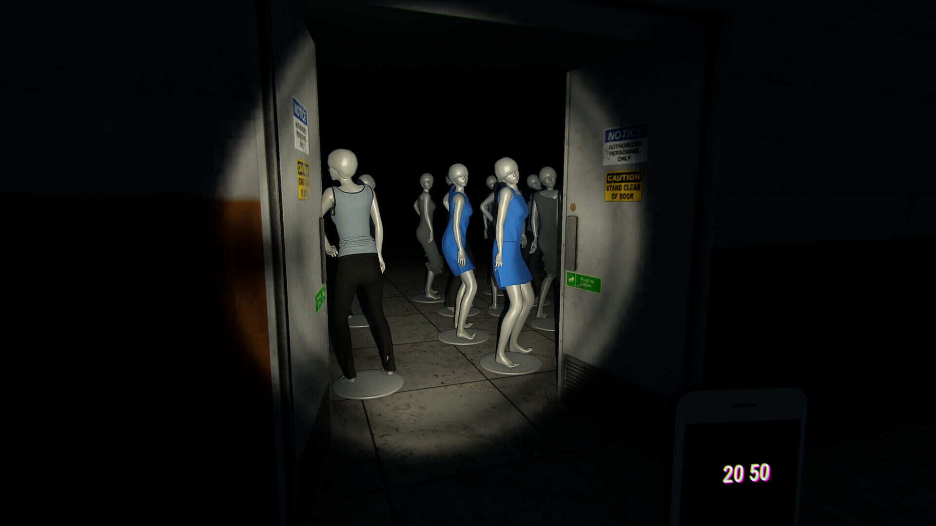 A dark scene from the video game Mannequin (2024) featuring multiple mannequins in blue dresses standing in a dimly lit hallway, creating an eerie atmosphere for a HD PC wallpaper.