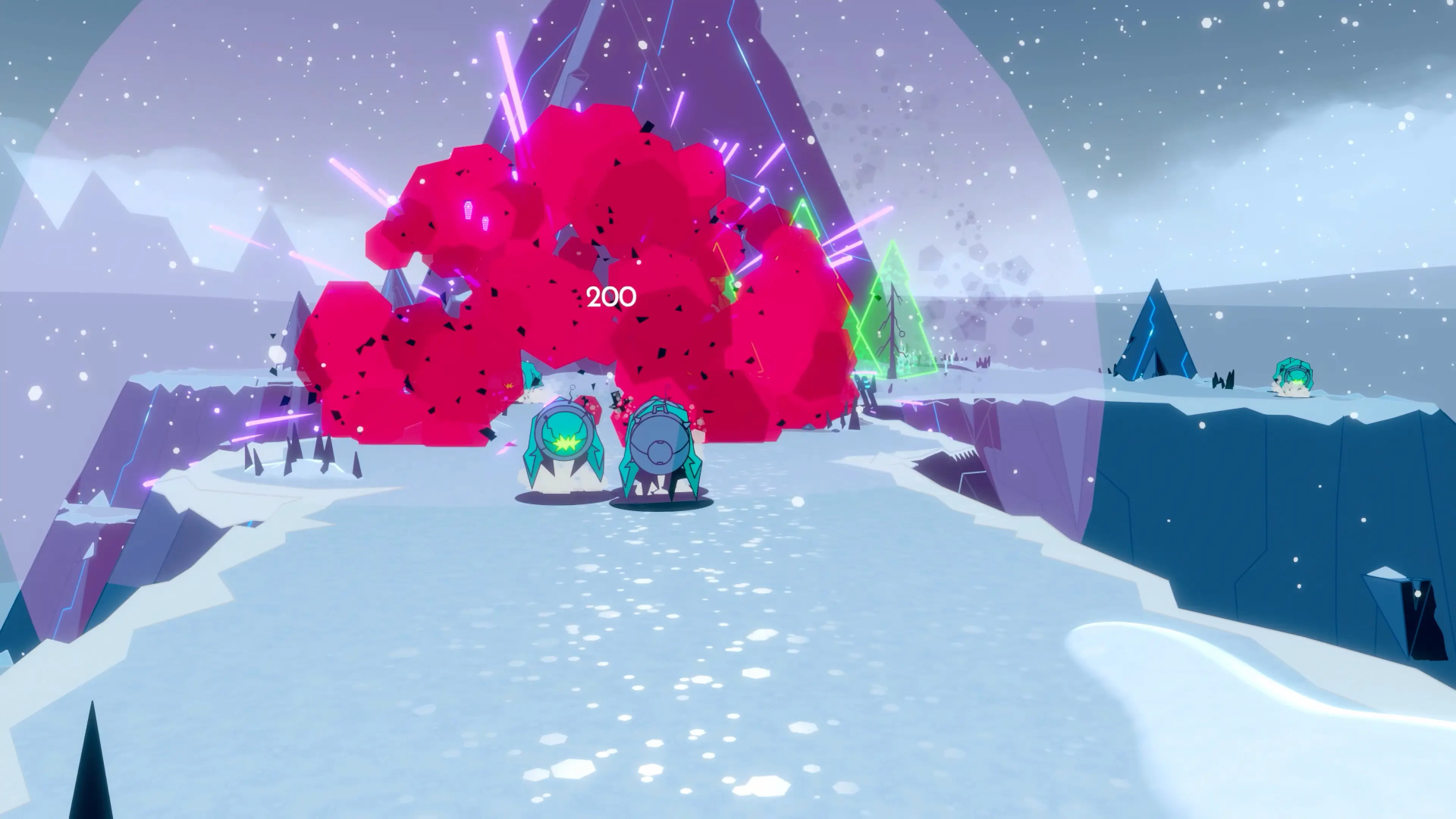 A vibrant 4K Ultra HD wallpaper from the video game Wild Bastards, showcasing colorful explosions and characters navigating a snowy landscape.