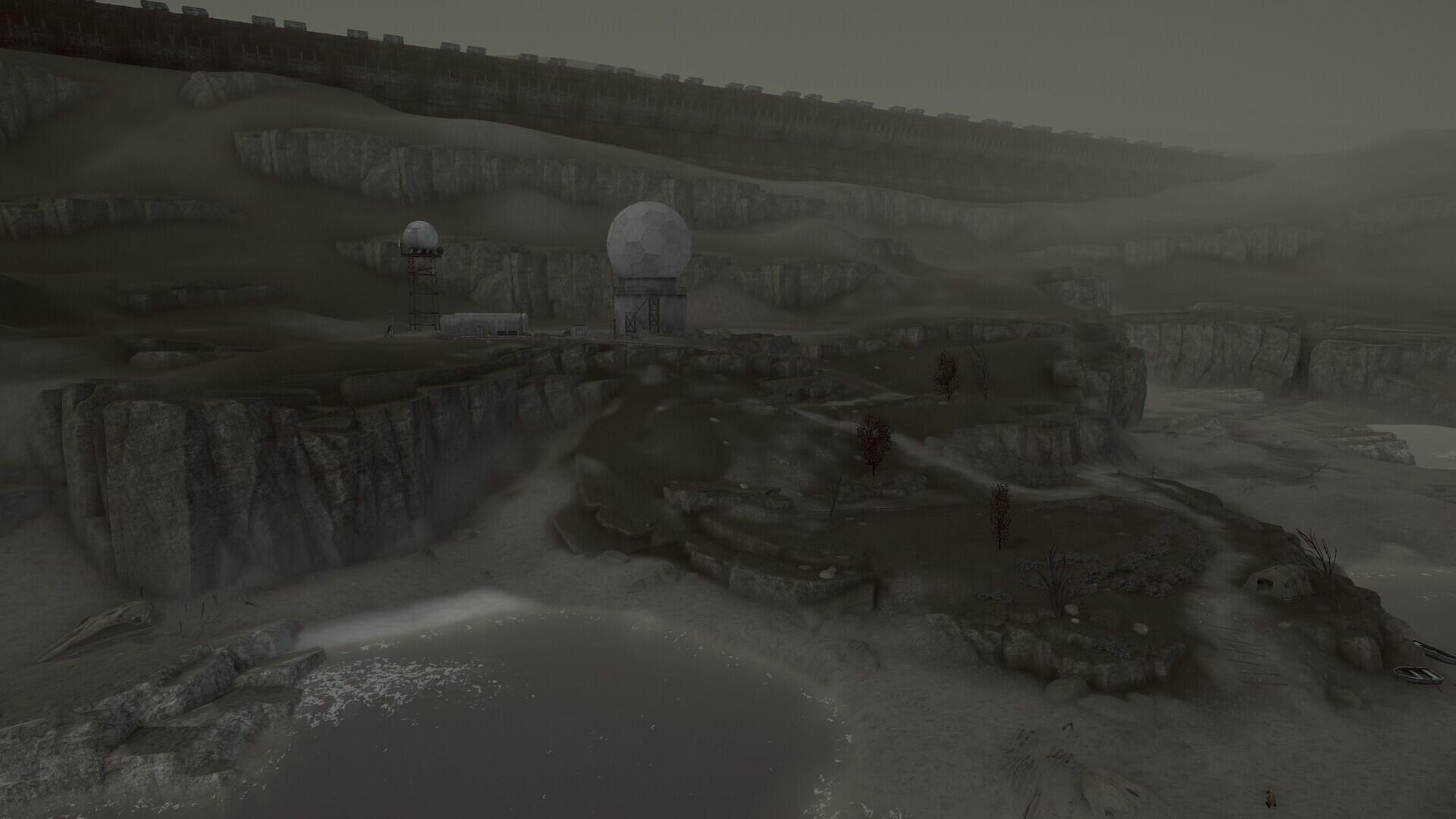 A desolate landscape from the video game Hollowbody, featuring rugged cliffs and distant structures, captured in high-definition, serving as an atmospheric PC desktop wallpaper.