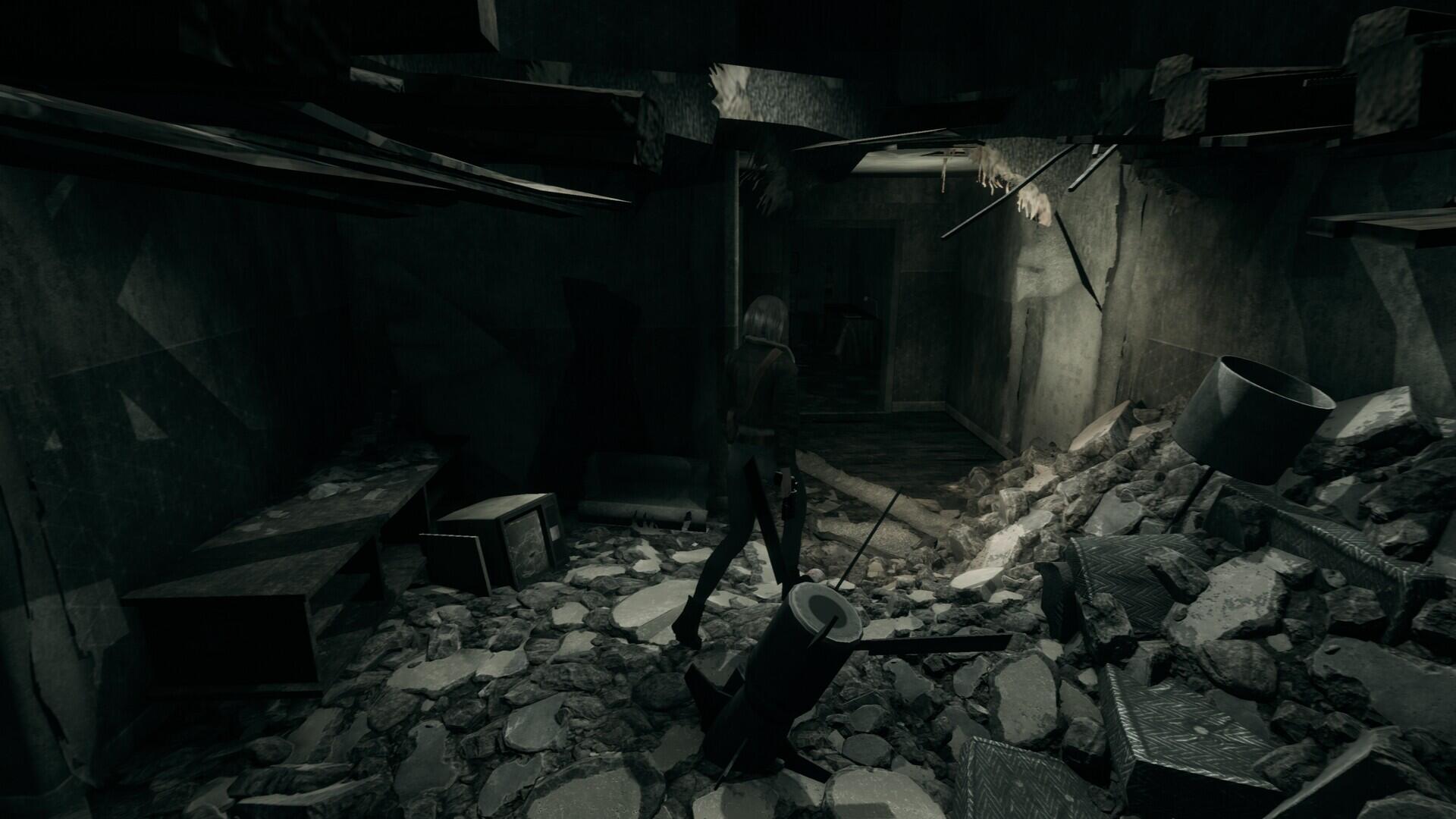 A dark, atmospheric scene from the video game Hollowbody, featuring a solitary figure amidst rubble and debris, creating a moody HD PC desktop wallpaper.