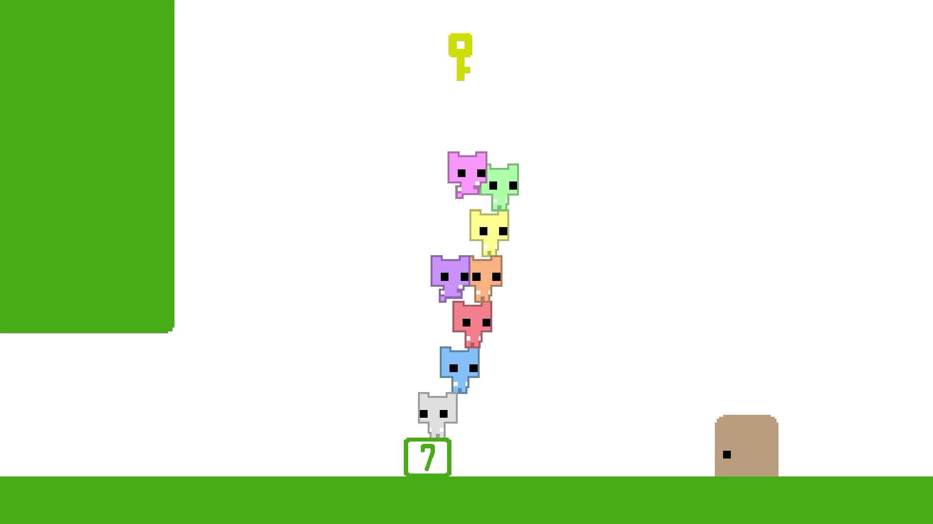 Colorful characters from Pico Park 2 stack creatively, reaching for a key in this HD PC desktop wallpaper, featuring playful graphics and vibrant colors.