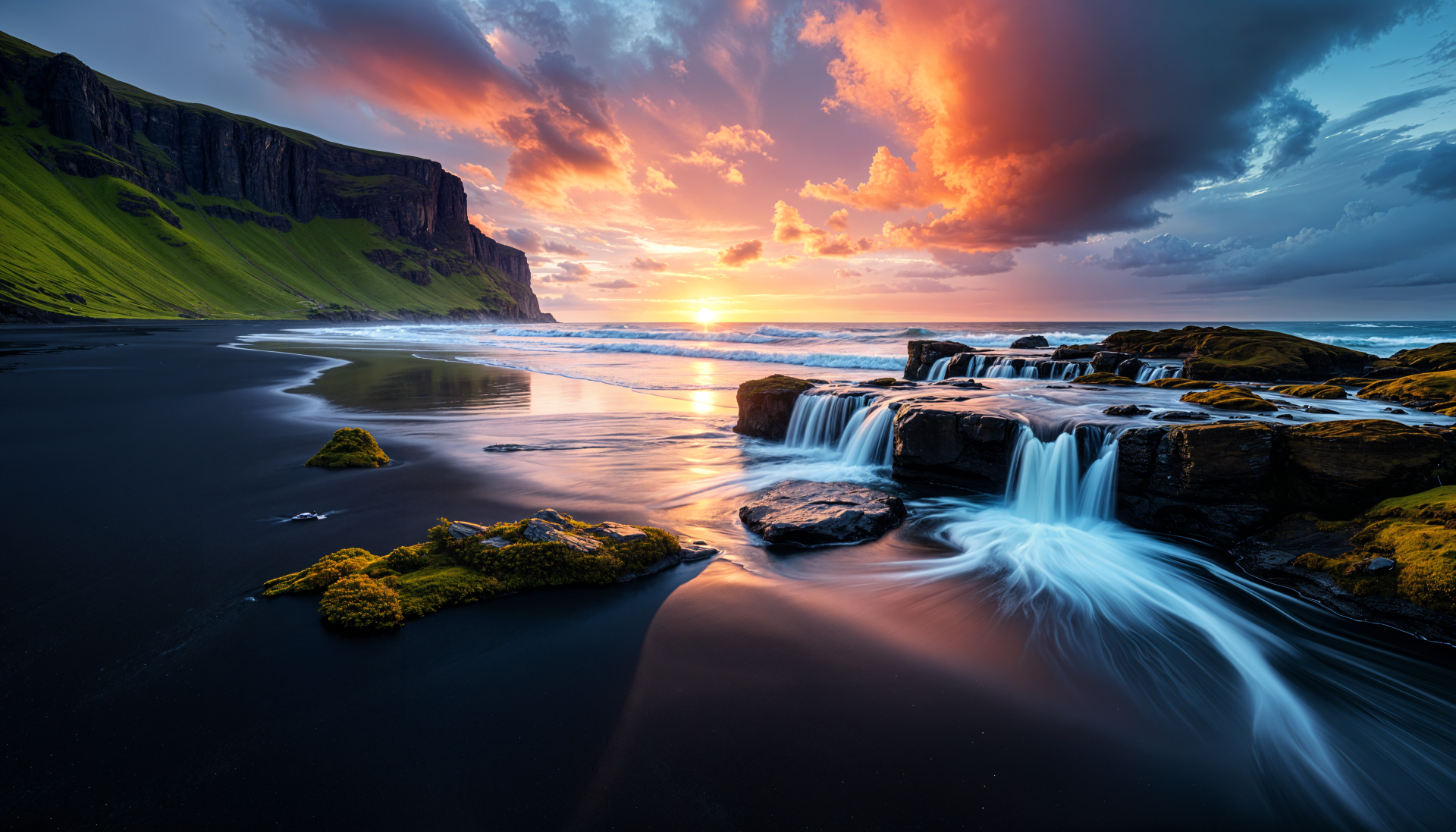 A stunning Icelandic landscape featuring a dramatic sunset over cascading waterfalls and rocky shores, captured as a 4K Ultra HD wallpaper and background.