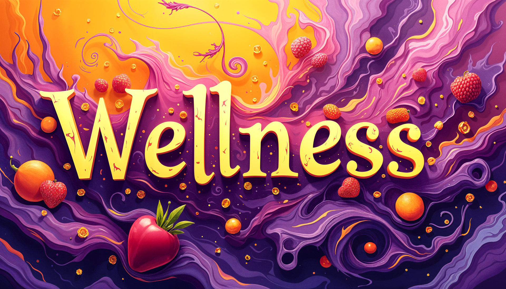 A vibrant 4K Ultra HD desktop wallpaper featuring the word Wellness surrounded by colorful abstract designs, fruits, and playful elements, emphasizing health and vitality.