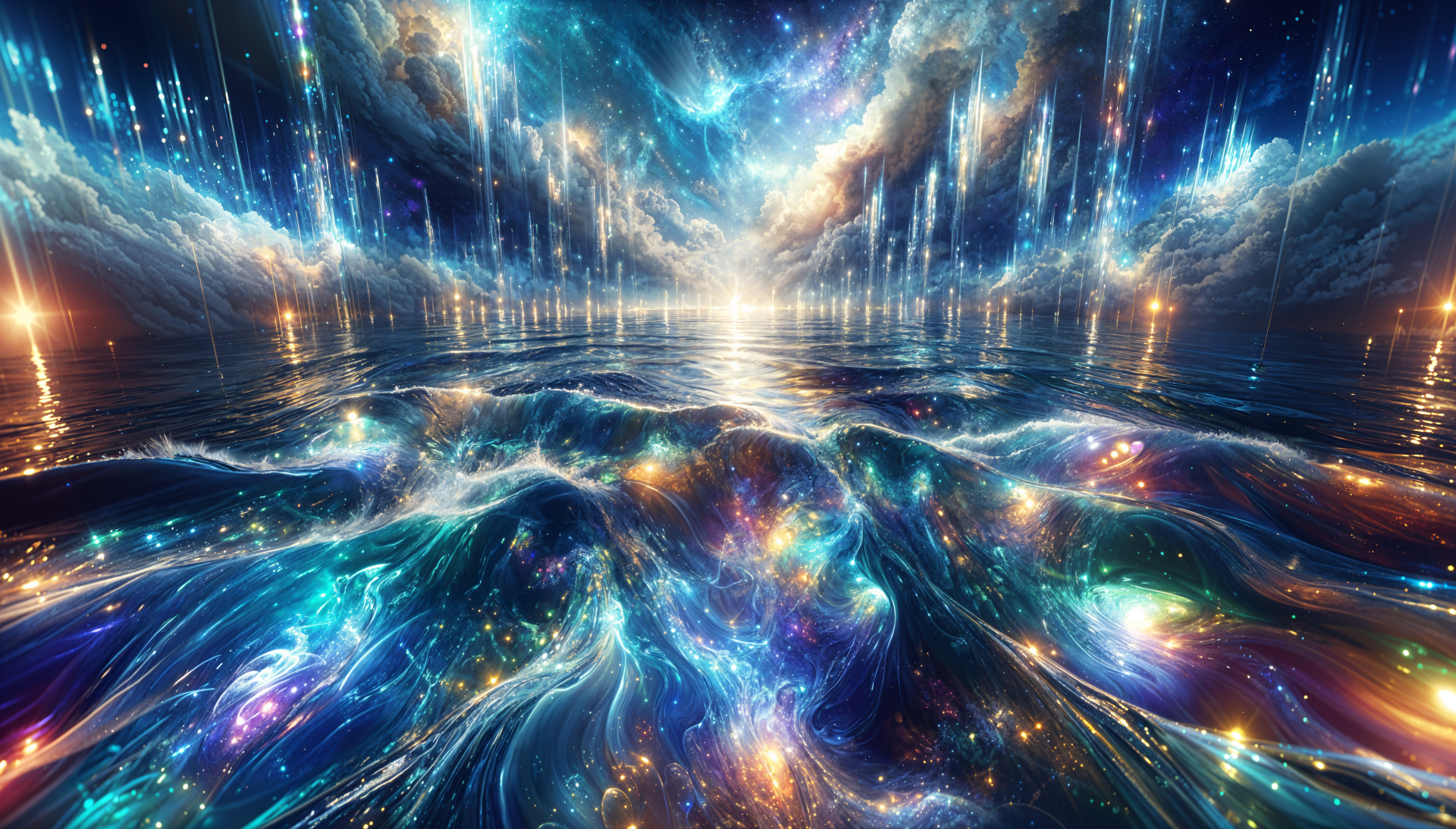 A surreal cosmic ocean scene blending galaxy colors and magical light reflections, depicted in stunning 4K Ultra HD for a vivid PC desktop background.