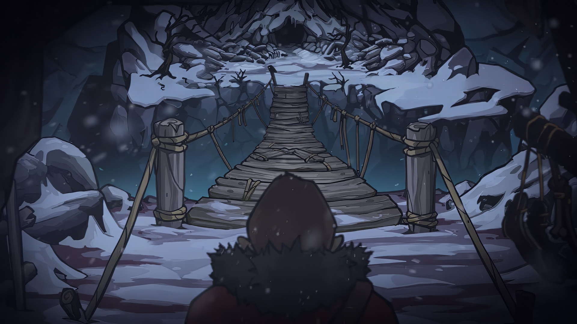 An HD desktop wallpaper from the video game Edge of Sanity, depicting a snow-covered landscape with a wooden bridge leading into a mysterious, dark cavern.