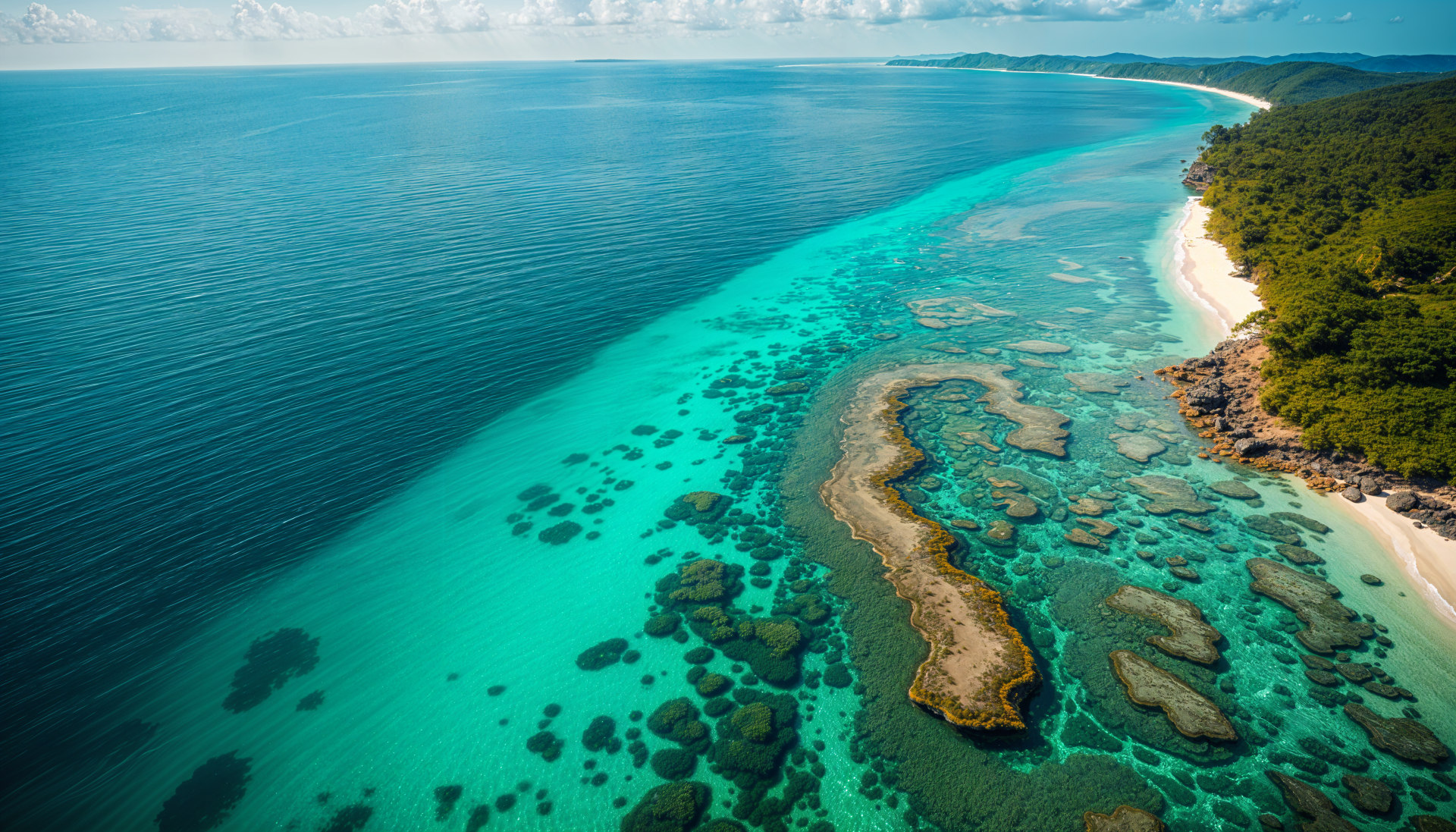 A stunning 4K Ultra HD desktop wallpaper of Earth’s coastline with clear turquoise sea waters and lush green forest along the shore.