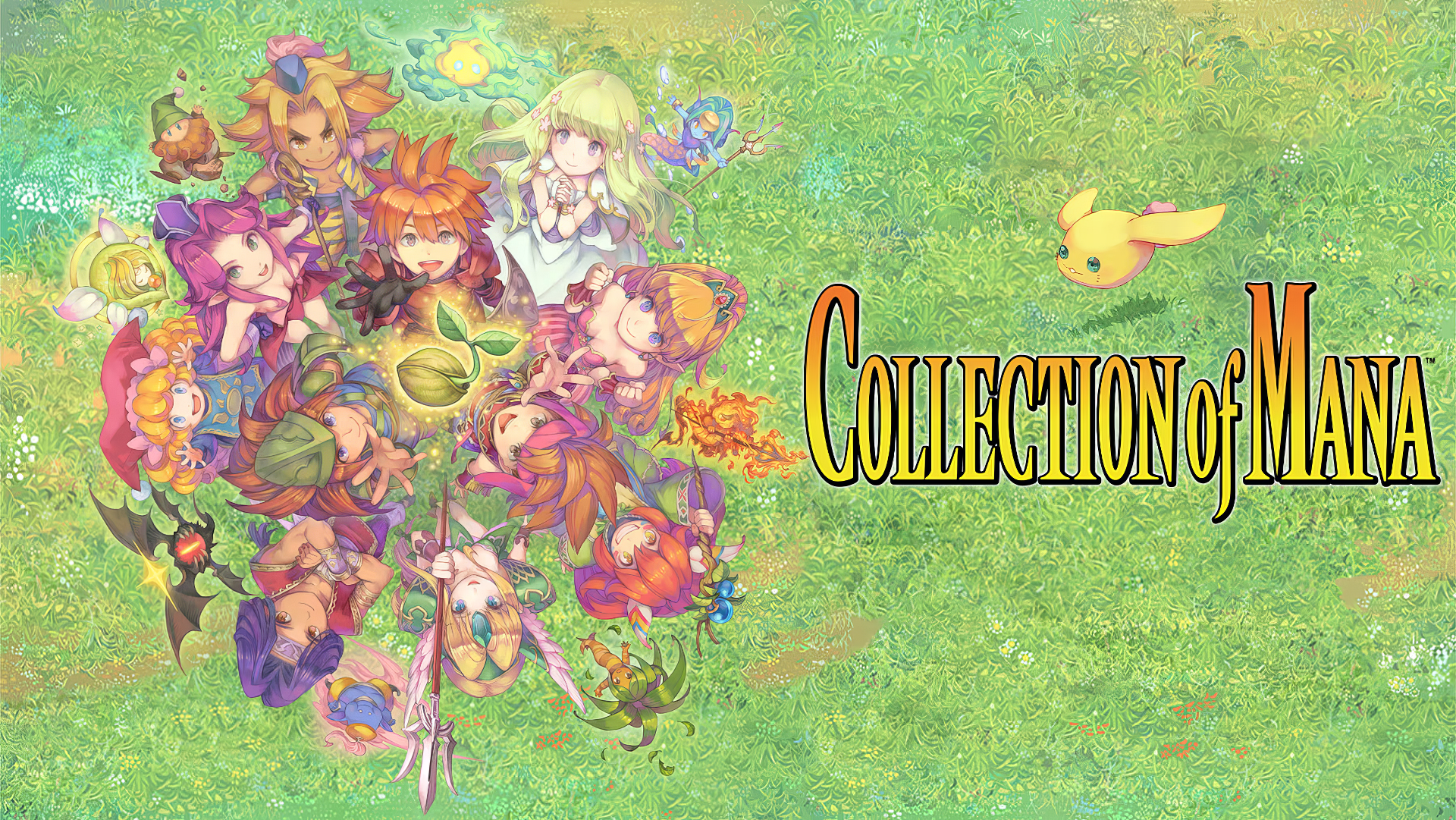 Colorful HD wallpaper featuring characters from the video game Collection of Mana, set against a vibrant green background. A charming blend of art and nostalgia for fans.