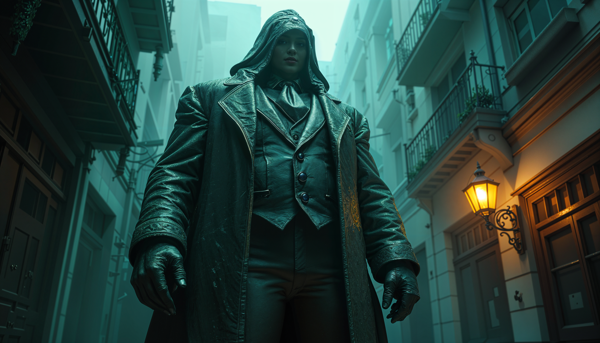 A shadowy figure in a long coat stands in a narrow, foggy alley, evoking a mysterious mafia atmosphere. The image is a striking 4K Ultra HD PC desktop wallpaper.