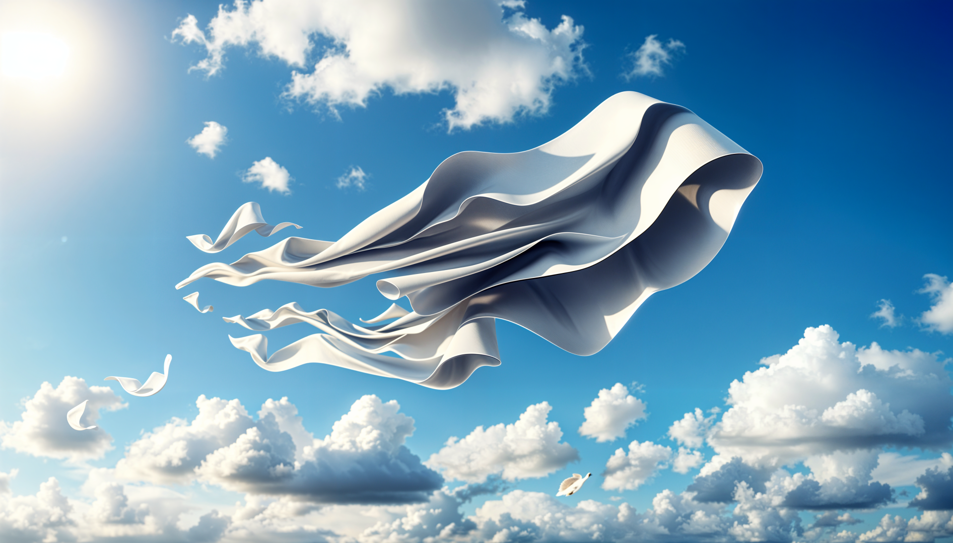 A stunning 4K Ultra HD wallpaper featuring flowing white fabric drifting amongst fluffy clouds against a bright blue sky, capturing a sense of serenity and freedom.