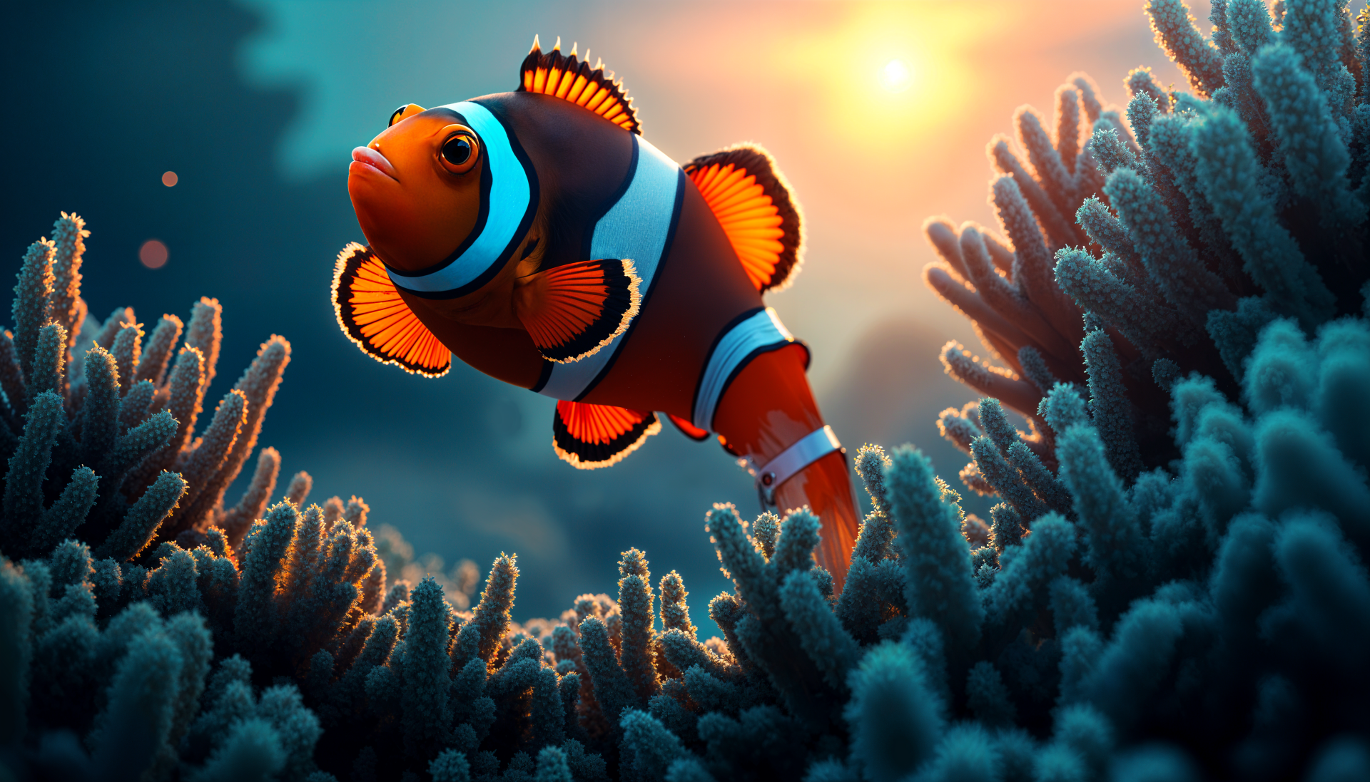 A vibrant clownfish swims among colorful coral, illuminated by a warm sunset, showcasing the beauty of underwater life in this stunning 4K Ultra HD desktop wallpaper.