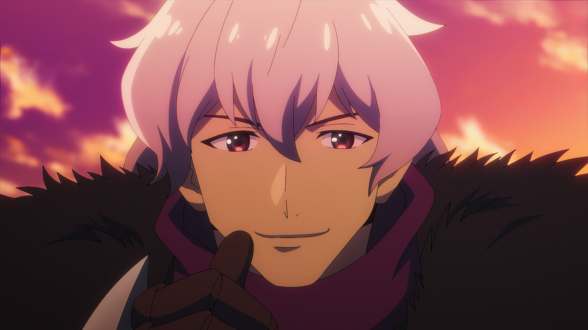 A character from The Unwanted Undead Adventurer smiles confidently against a vibrant sunset background, serving as an engaging HD PC desktop wallpaper.