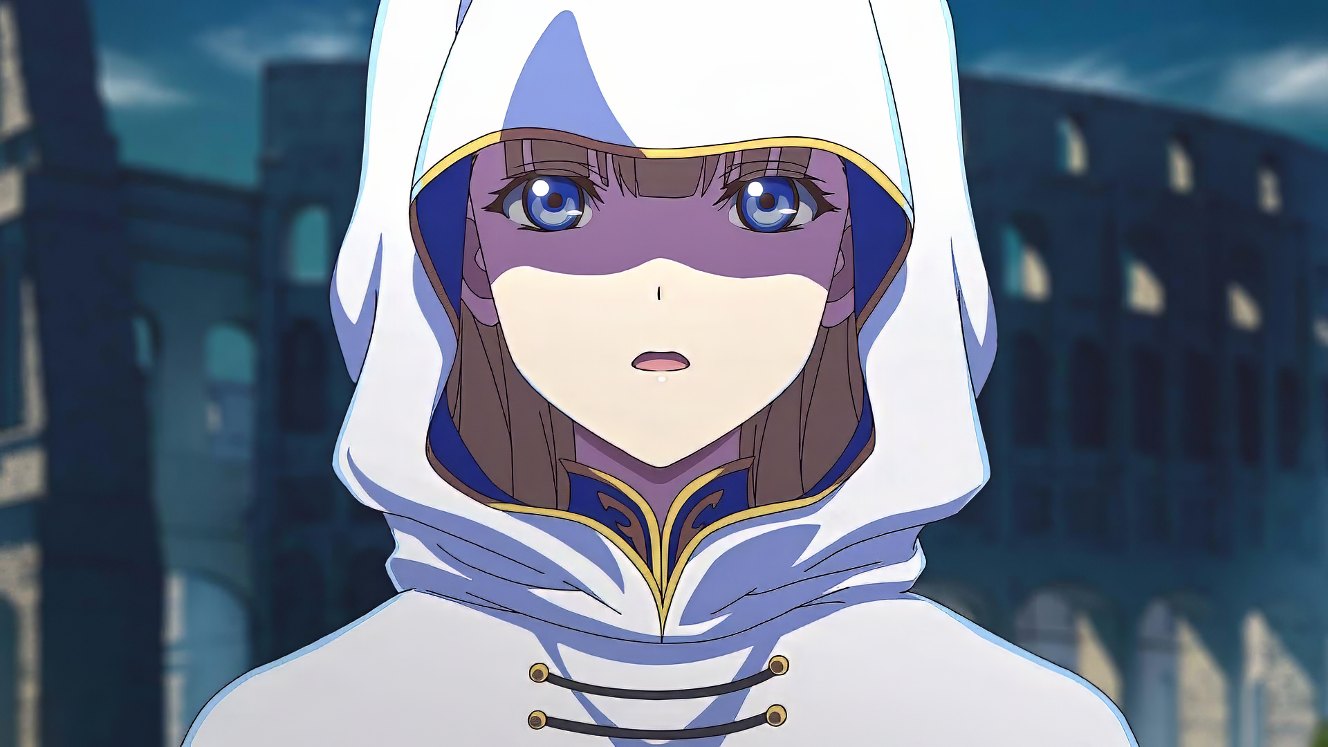 A character from Failure Frame gazes thoughtfully, wearing a hooded cloak. This HD anime wallpaper captures her expressive blue eyes and the atmospheric setting behind her.