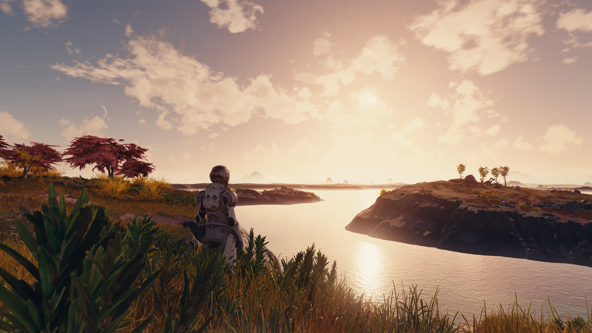 A stunning HD wallpaper from the video game Starfield, featuring a lone figure by a shimmering river at sunset, surrounded by vibrant foliage and dramatic clouds.