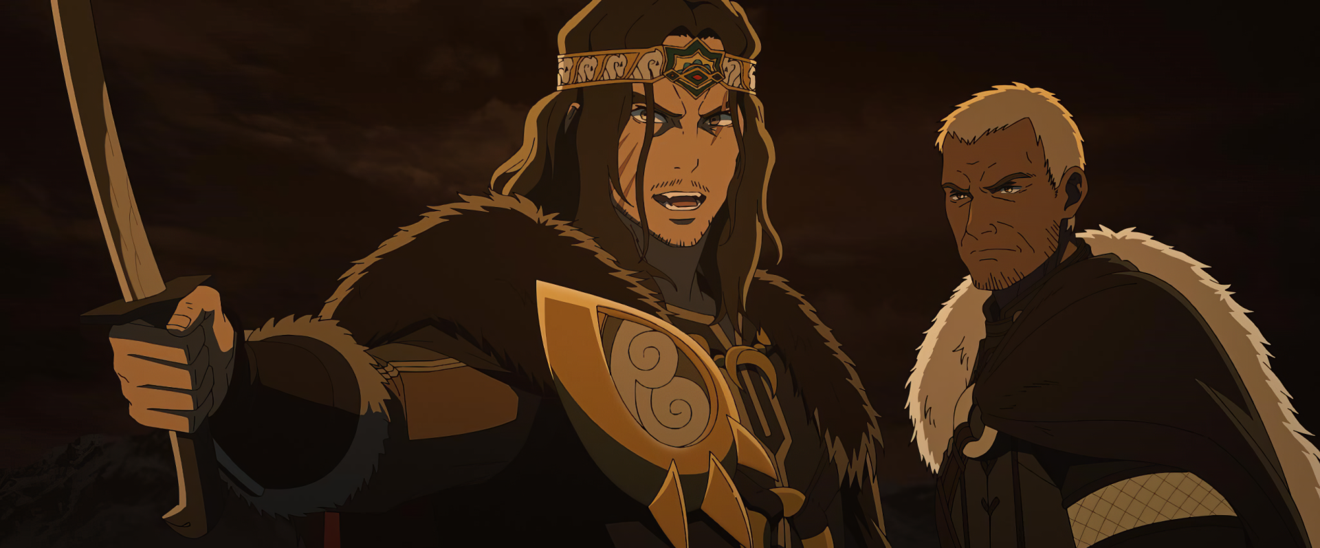 Anime-style HD desktop wallpaper featuring intense characters from The Lord of the Rings: The War of the Rohirrim in dramatic lighting and detailed armor.