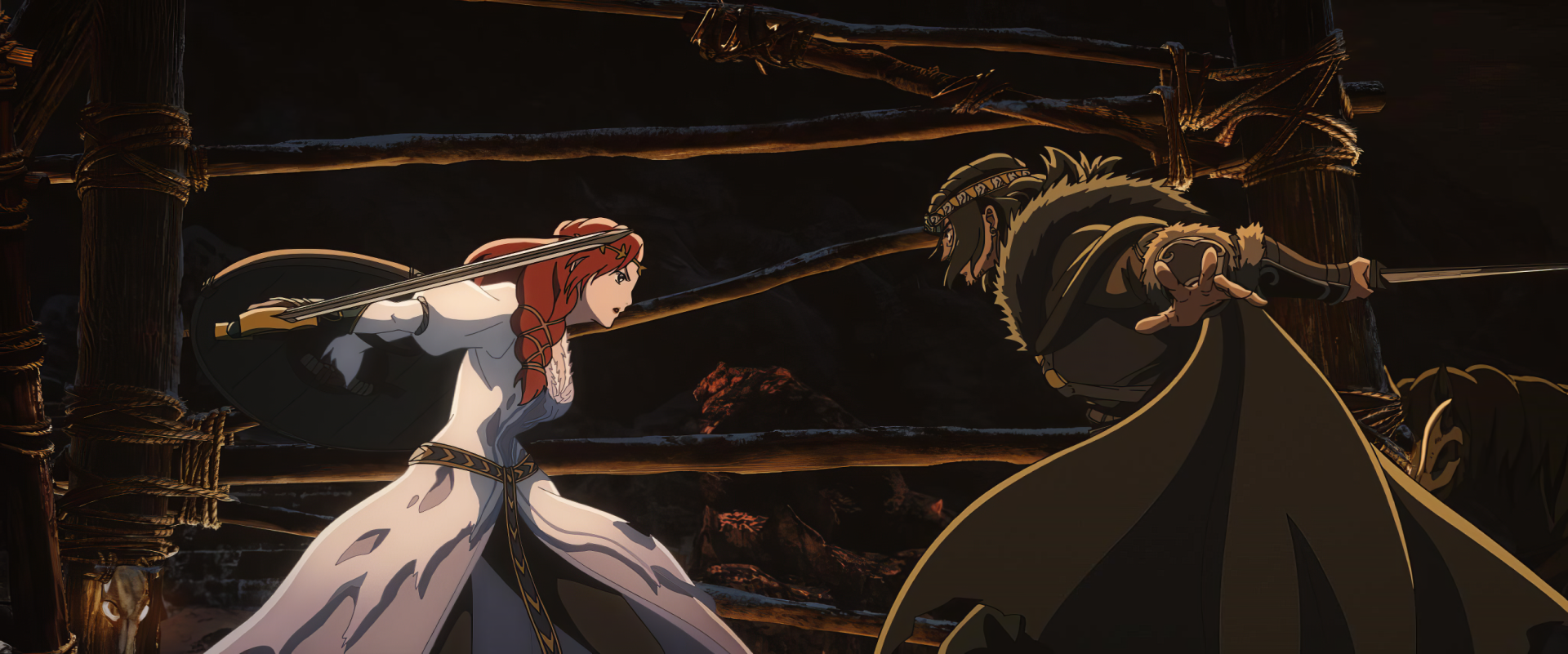 Anime-style HD desktop wallpaper from The Lord of the Rings: The War of the Rohirrim, depicting an intense sword duel between two characters.