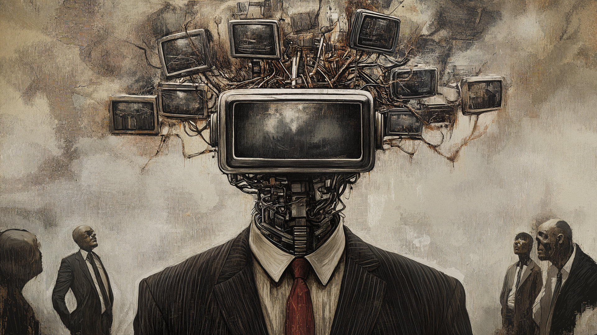 A striking 4K Ultra HD wallpaper depicting a cyborg figure in a suit, with a television for a head, surrounded by faceless individuals, exploring themes of corporatism and technology.