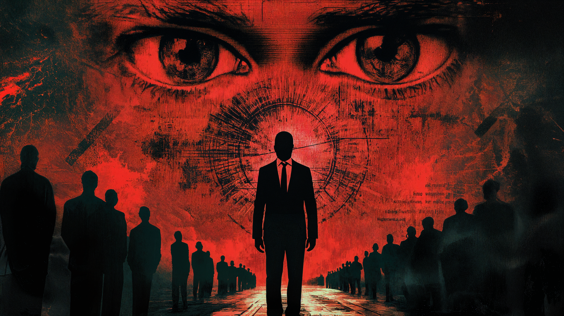 A striking 4K Ultra HD wallpaper depicting a shadowy figure in a suit, surrounded by silhouettes, set against a backdrop of intense red and watchful eyes, embodying themes of corporatism.