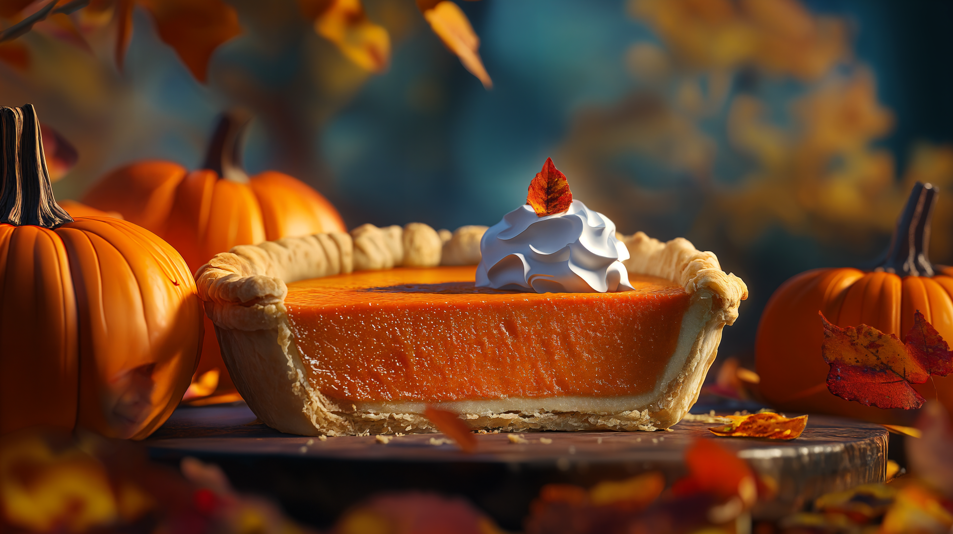 A cozy pumpkin pie sits adorned with whipped cream and a leaf, surrounded by autumn leaves and pumpkins, set against a serene backdrop. This 4K Ultra HD wallpaper captures a festive vibe.