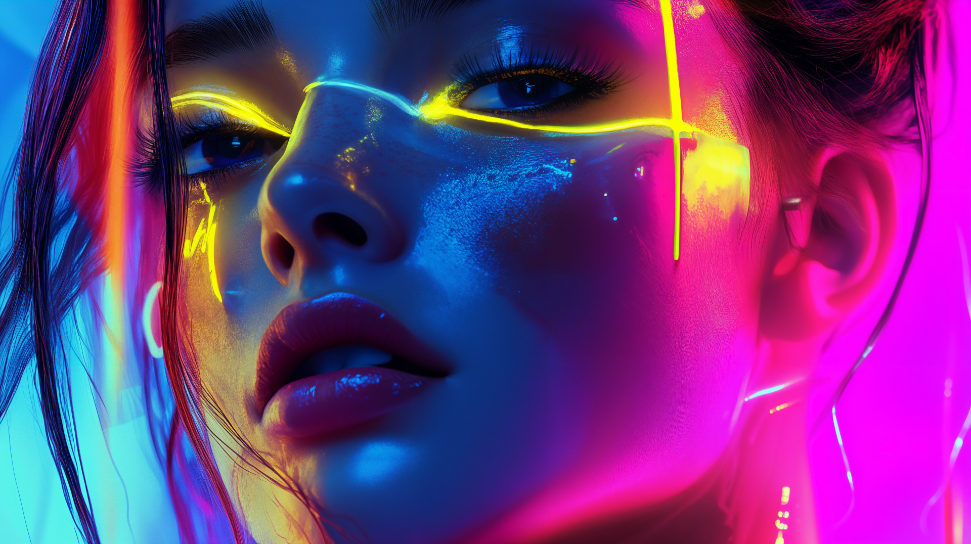 A close-up of a woman with vibrant neon lighting highlighting her features, showcasing a colorful and striking aesthetic. This artwork serves as a stunning 4K Ultra HD wallpaper.