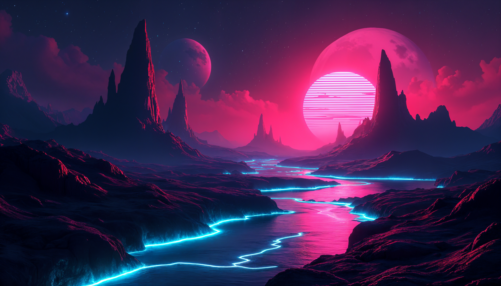 A vibrant 4K Ultra HD desktop wallpaper featuring a mystical landscape with glowing rivers, towering cliffs, and a striking pink sun in a starry sky.
