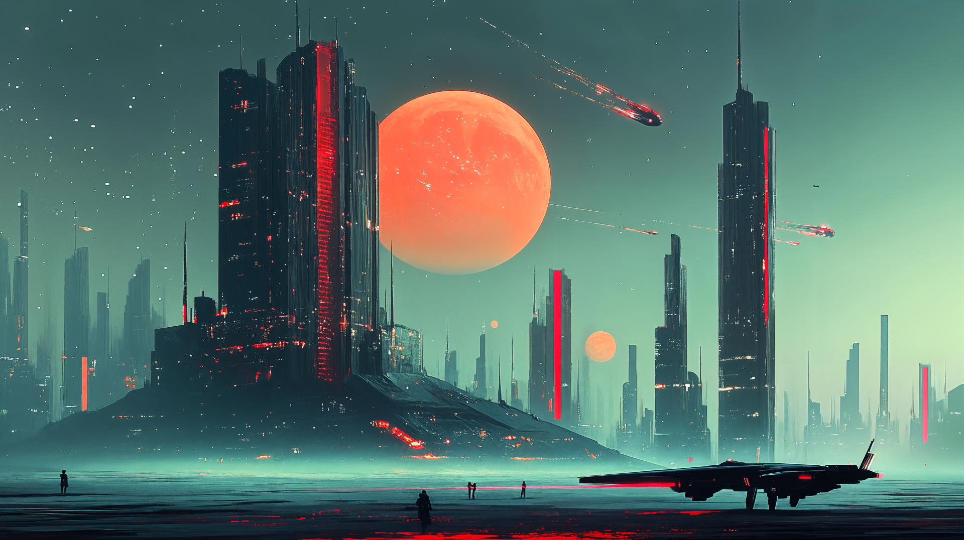 A retro-futuristic cityscape under a massive red moon with sleek spacecraft flying amidst towering dark skyscrapers in 4K Ultra HD sci-fi style.
