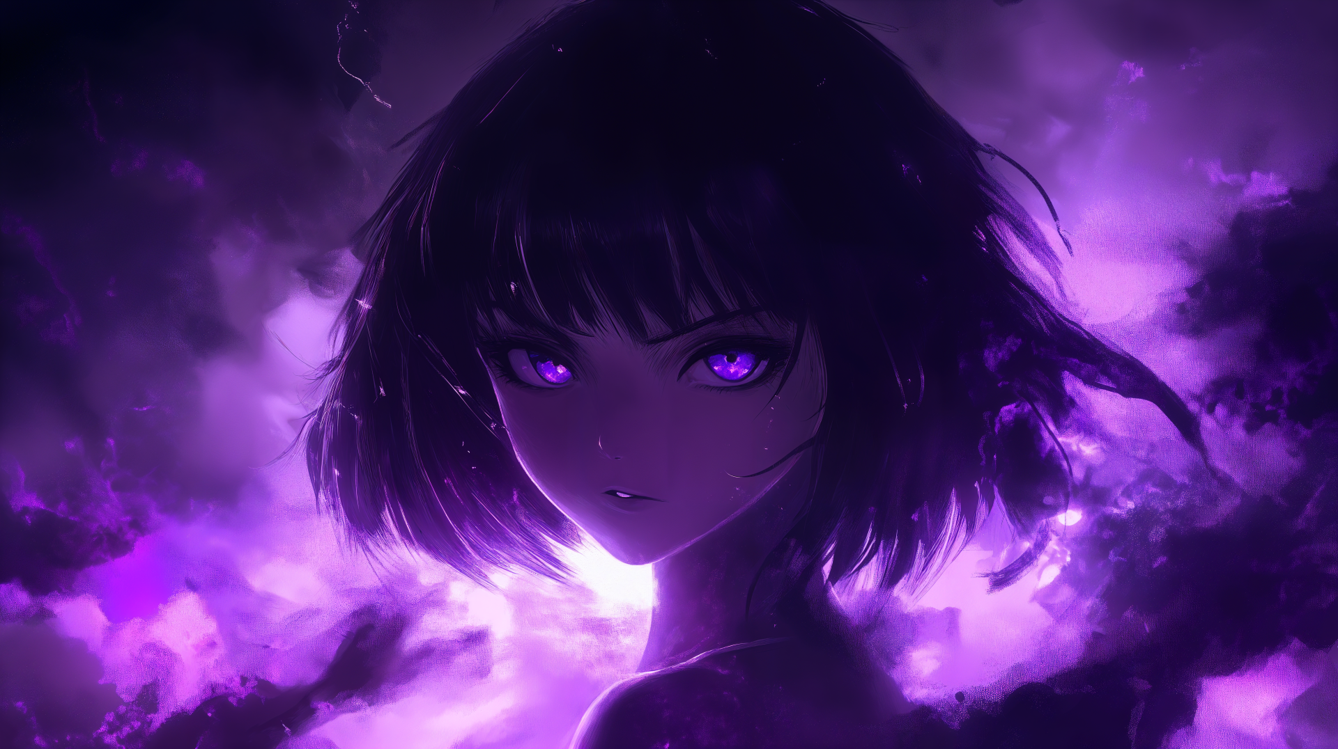 A striking anime girl with short black hair and captivating purple eyes emerges from a swirling purple background, creating an enchanting 4K Ultra HD wallpaper.