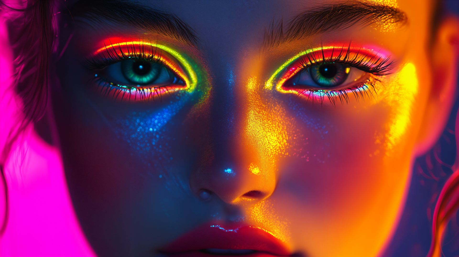 Close-up of a woman with vibrant neon makeup, featuring colorful eyeliner and glowing skin. This striking image serves as a stunning 4K Ultra HD desktop wallpaper.