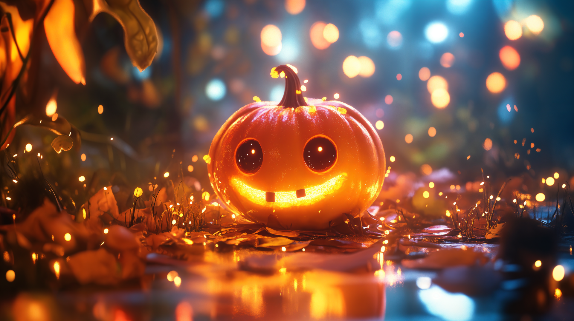 A bright, smiling jack-o'-lantern surrounded by twinkling lights and autumn leaves, creating a festive Halloween atmosphere in stunning 4K Ultra HD.