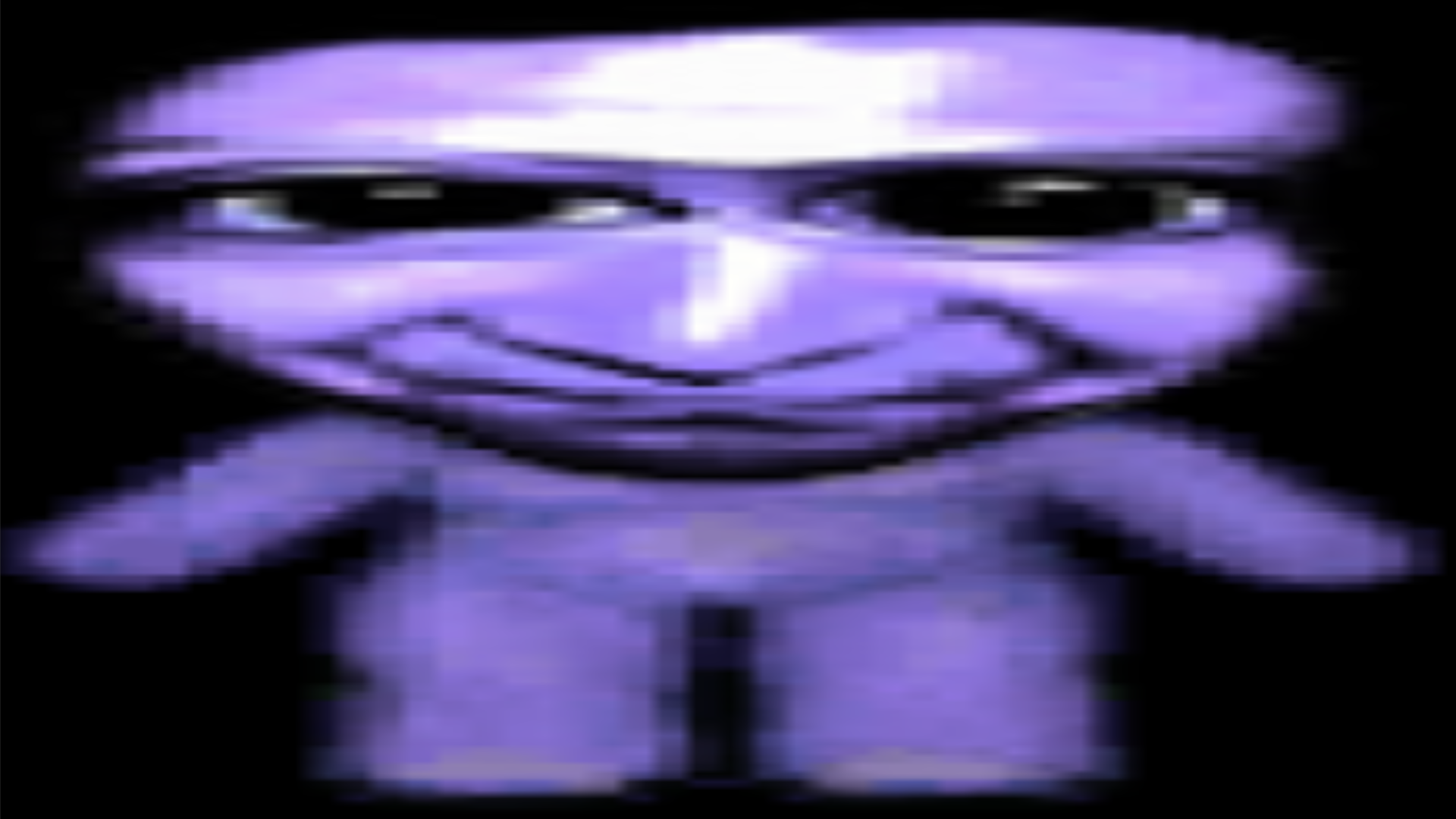 HD PC desktop wallpaper featuring a distorted, purple-toned humanoid figure with an exaggerated facial expression against a dark background.