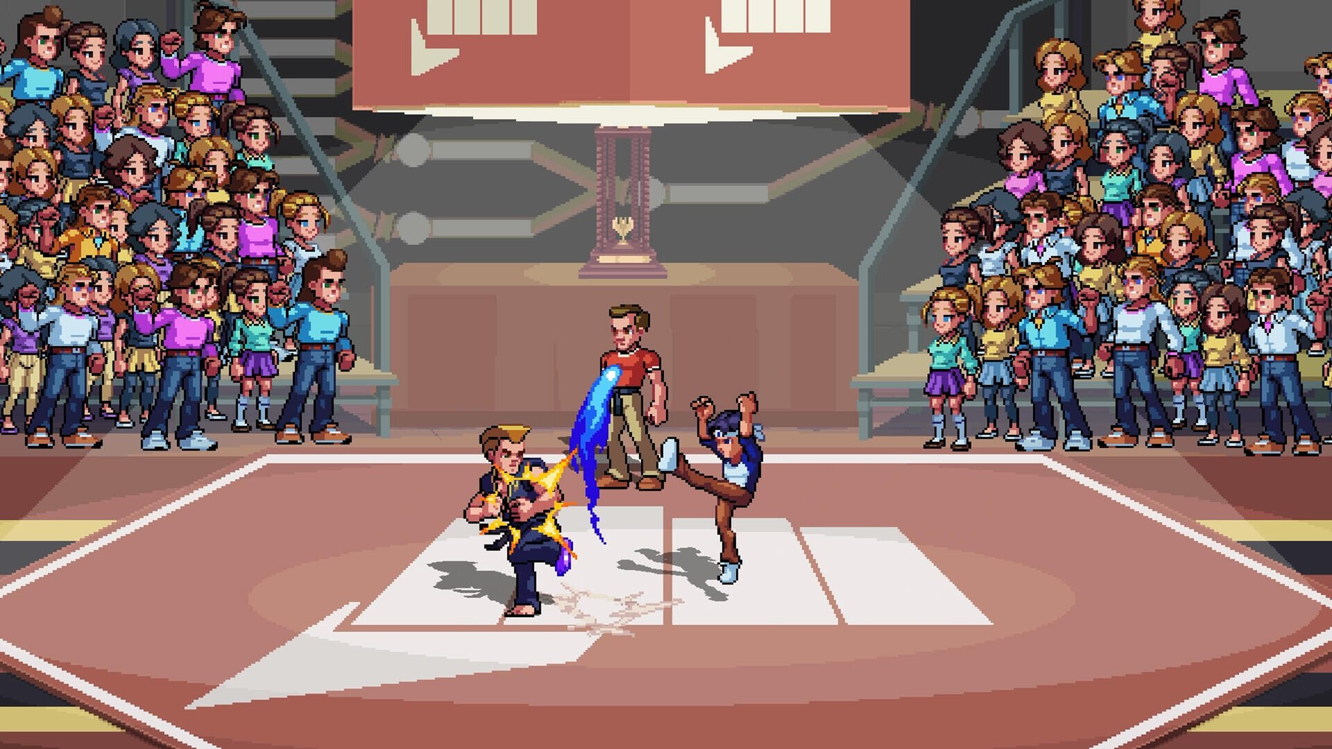 An action-packed scene from The Karate Kid: Street Rumble, showcasing a vibrant pixel art fight between competitors, with an animated crowd cheering in a dynamic arena setting.
