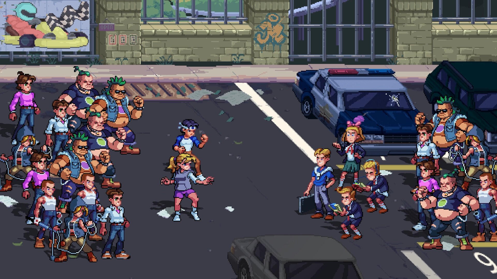 A vibrant HD wallpaper from the video game The Karate Kid: Street Rumble, depicting a street showdown between characters in a colorful pixel art style.