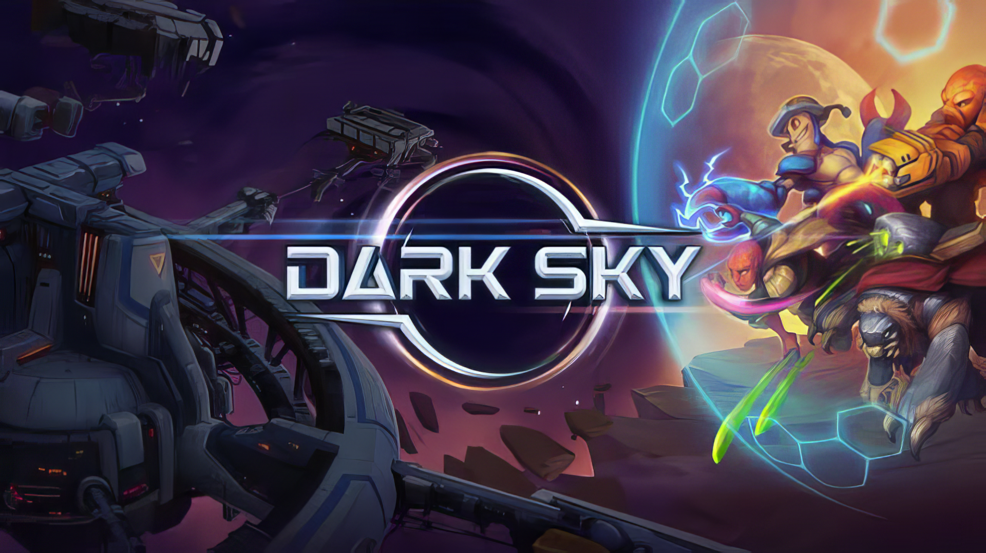 HD wallpaper featuring Dark Sky (2024), showcasing vibrant graphics with futuristic elements, including a character and cosmic background. Engaging design for any gaming enthusiast.