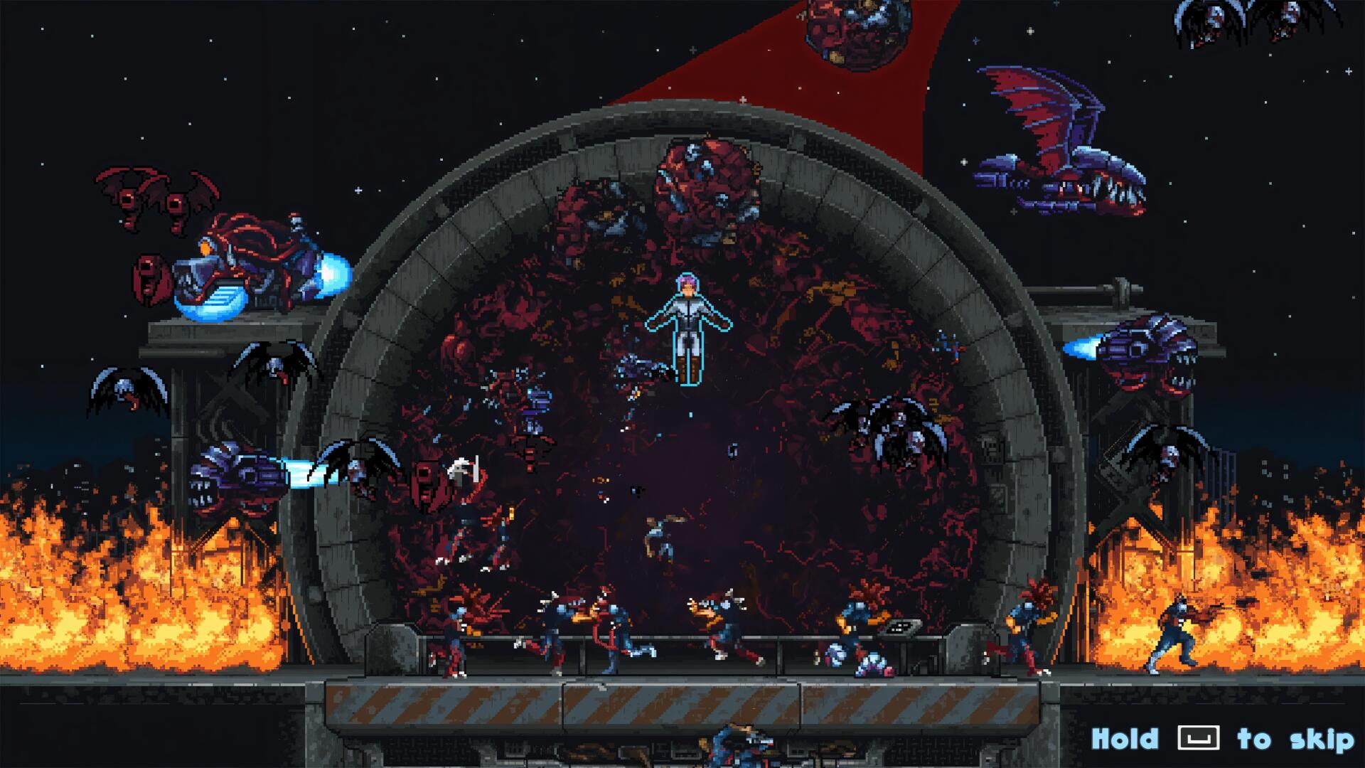 A vibrant 4K Ultra HD wallpaper from the game Iron Meat, featuring intense action against a backdrop of fire and space elements, showcasing unique characters and dynamic scenes.