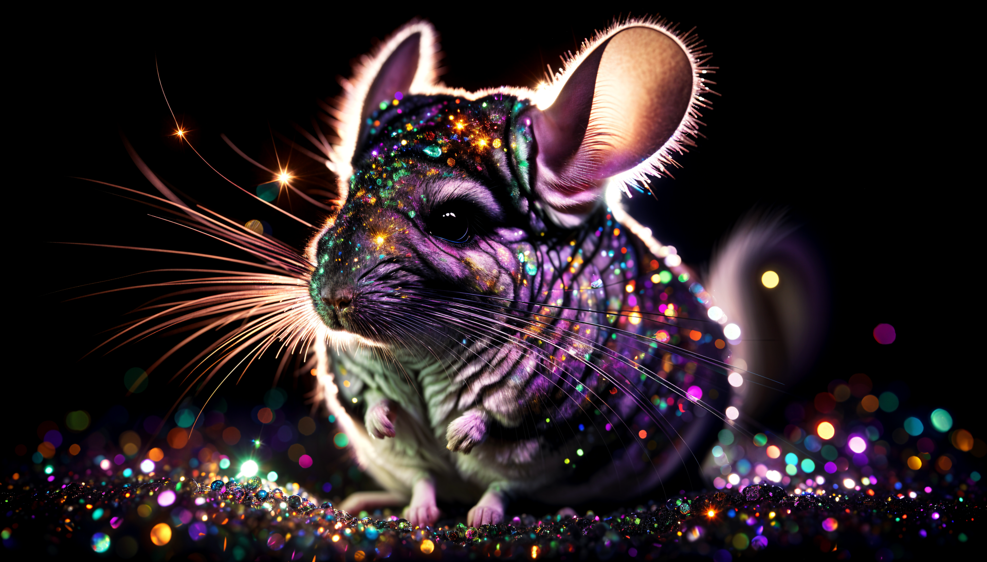 A vibrant chinchilla illuminated by colorful sparkles, set against a dark background. This stunning image serves as a 4K Ultra HD PC desktop wallpaper and background.