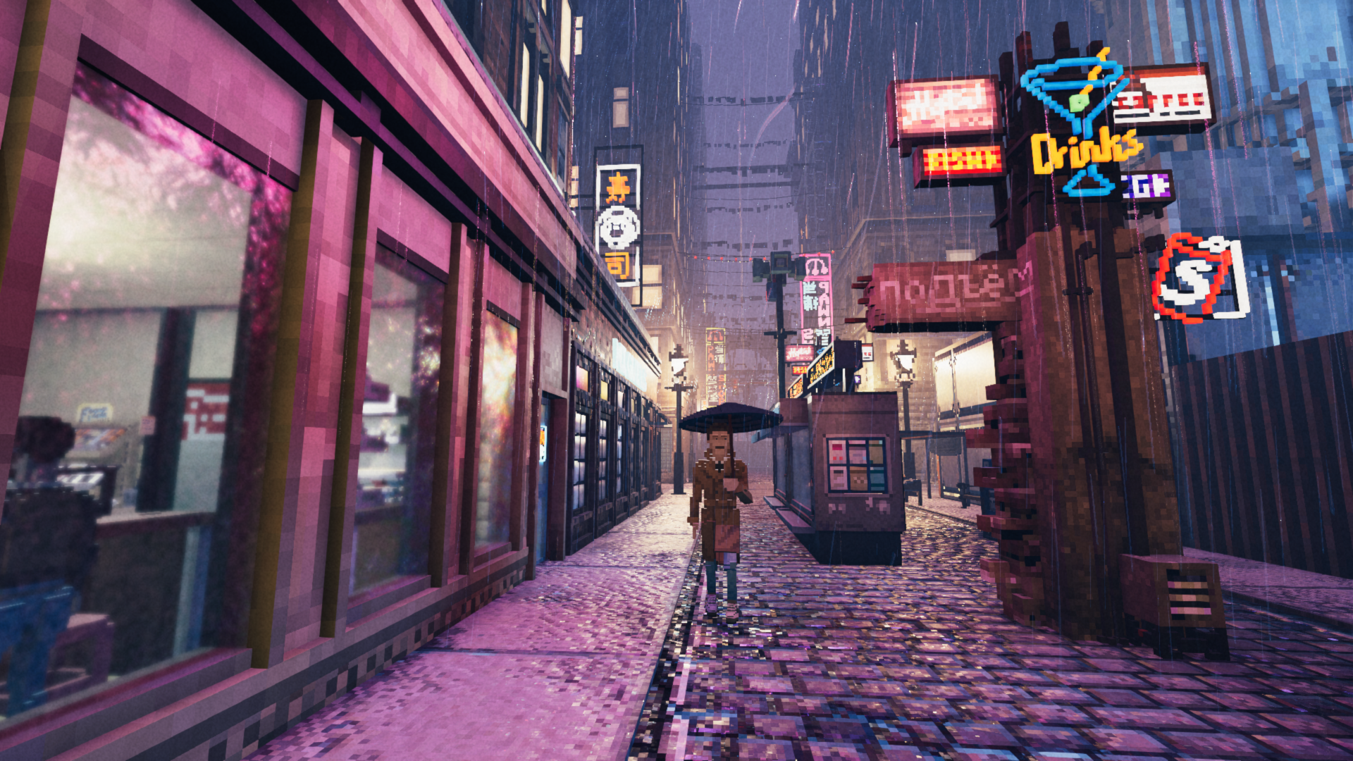 A vibrant scene from the video game Shadows of Doubt, featuring a rain-soaked street illuminated by neon signs, creating an immersive urban atmosphere in 4K Ultra HD.
