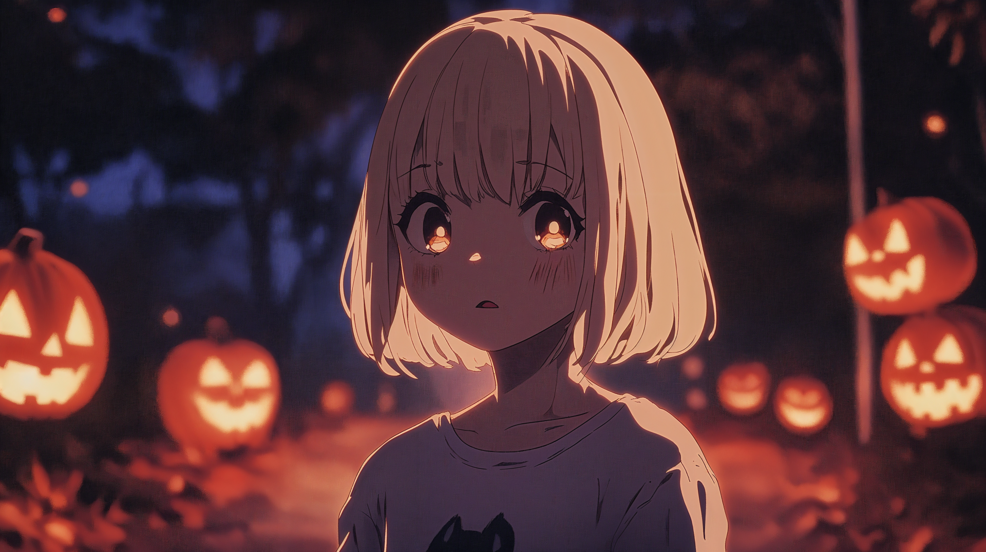An anime girl stands among glowing jack-o'-lanterns on a Halloween night, captured in vibrant 4K Ultra HD, creating a captivating desktop wallpaper and background.