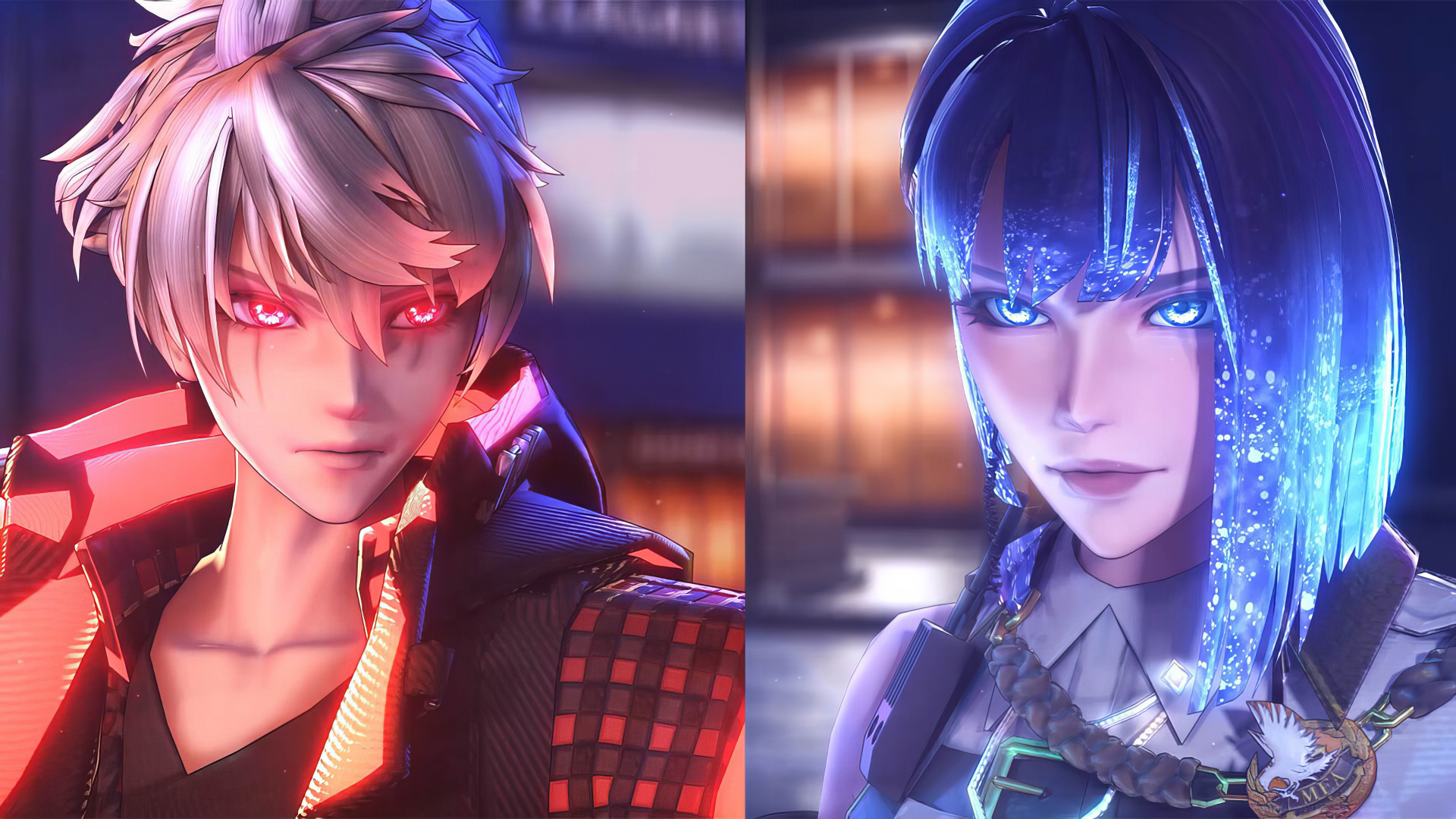 Dynamic HD PC desktop wallpaper featuring characters from the video game Reynatis, showcasing intense expressions and striking colors in a futuristic setting.