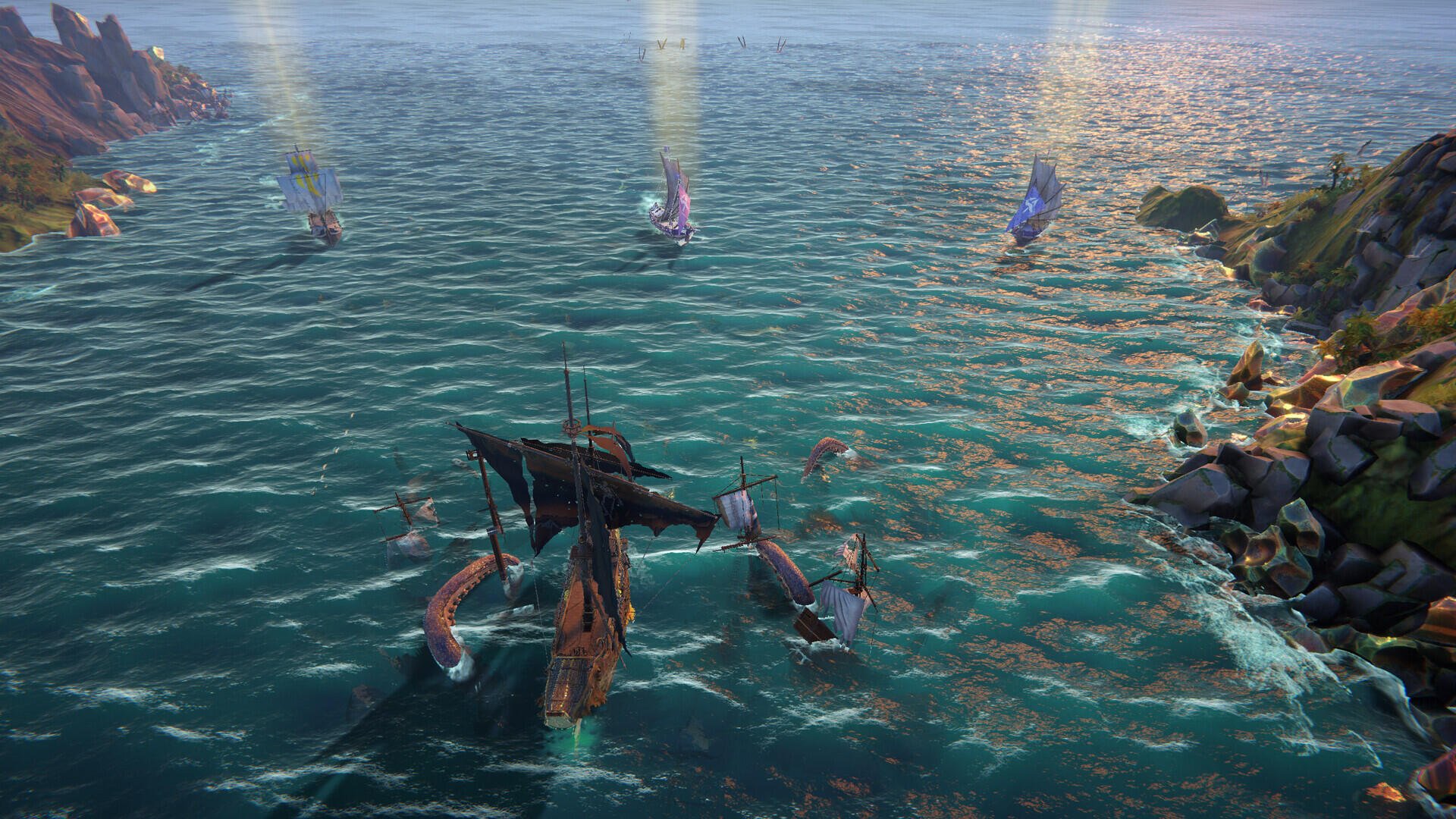 A dynamic scene from the video game Rogue Waters, featuring a dramatic ocean battle with multiple ships navigating the shimmering waters under a vibrant sky. HD PC desktop wallpaper.