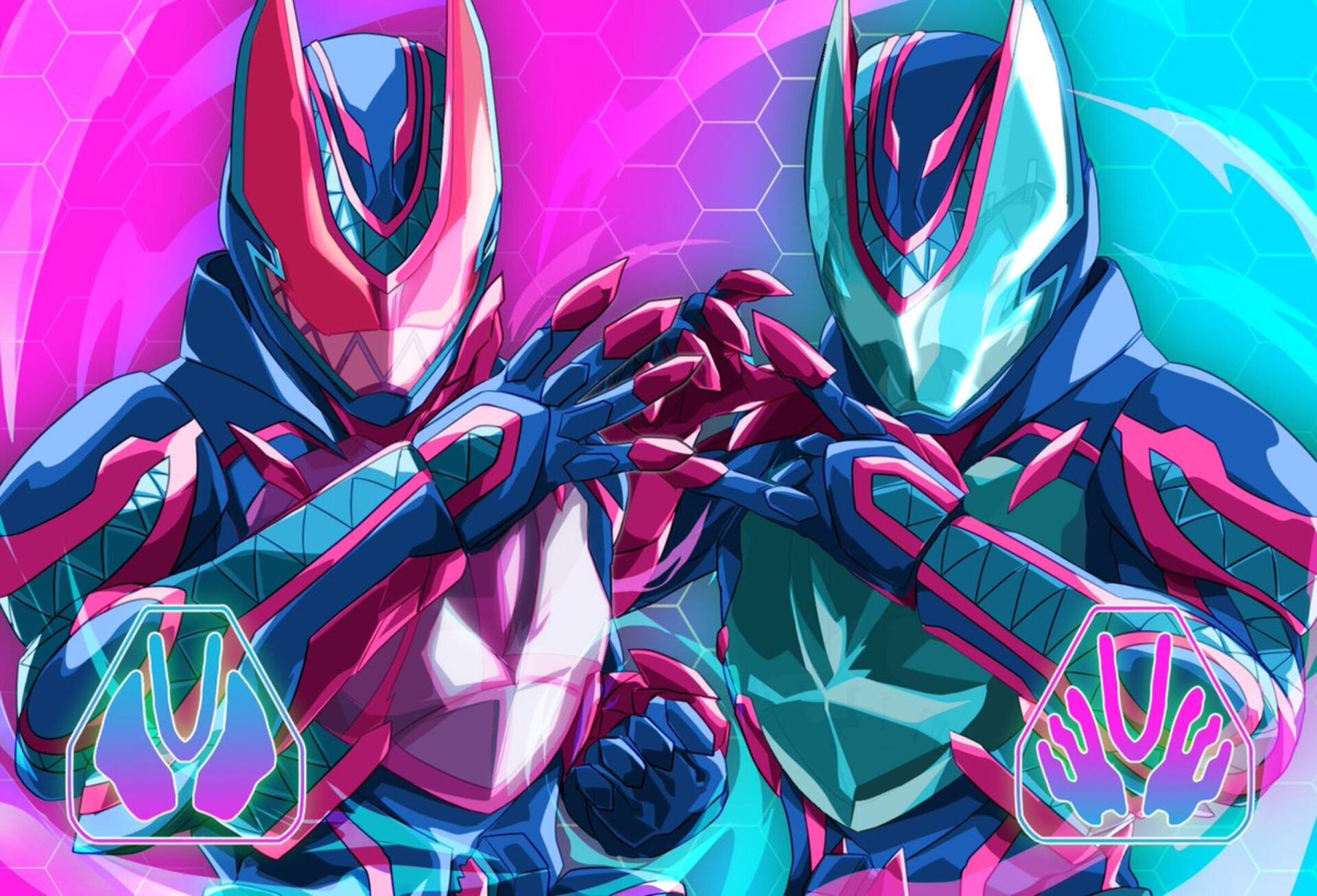 HD anime-style desktop wallpaper featuring vibrant Kamen Rider Revice characters in dynamic poses with neon pink and blue hexagonal backgrounds.
